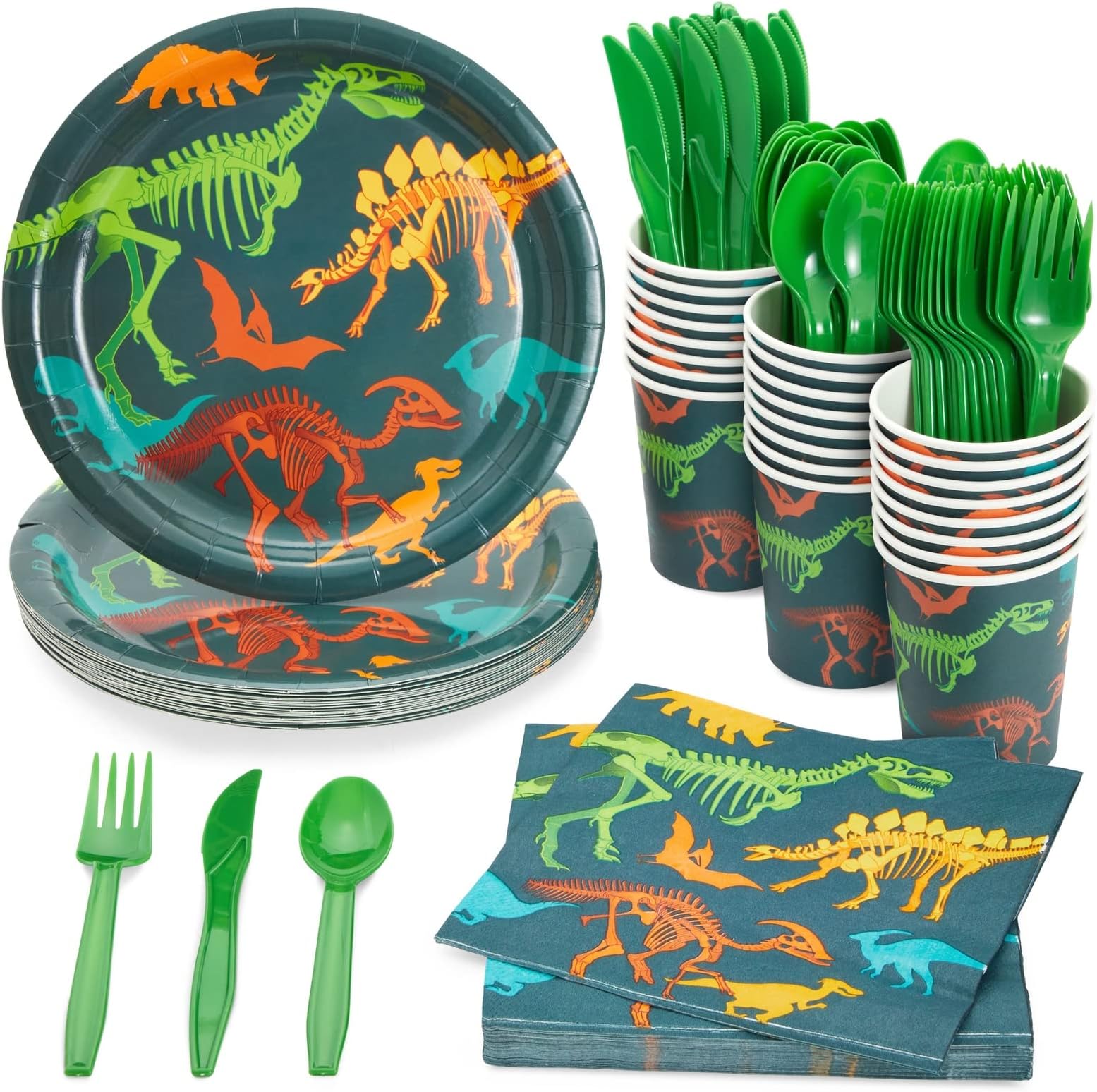 Juvale 144-Piece Dinosaur Birthday Party Decorations Set with Plates, Cups, Napkins & Cutlery - Serves 24 - Green & Blue Dino Fossil Paper Plates & Cups - Disposable & Easy Cleanup