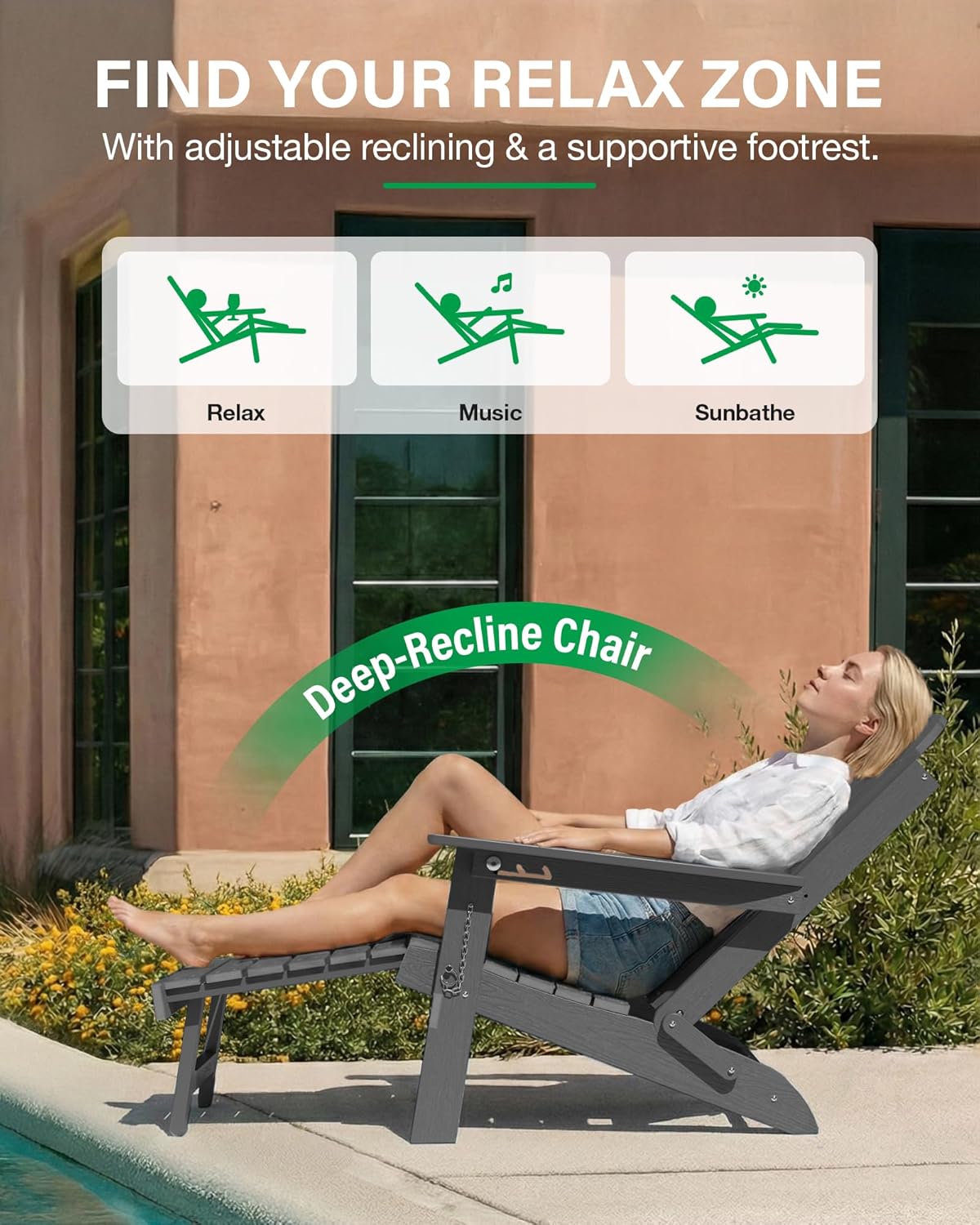 YEFU Adirondack Chairs Set of 2 for Outdoor: Folding Adirondack Chairs with Retractable Ottoman & Cup Holder - HDPE Plastic Adjustable All-Weather Chair for Patio/Pool/FirePit- Easy Assembly(Grey)