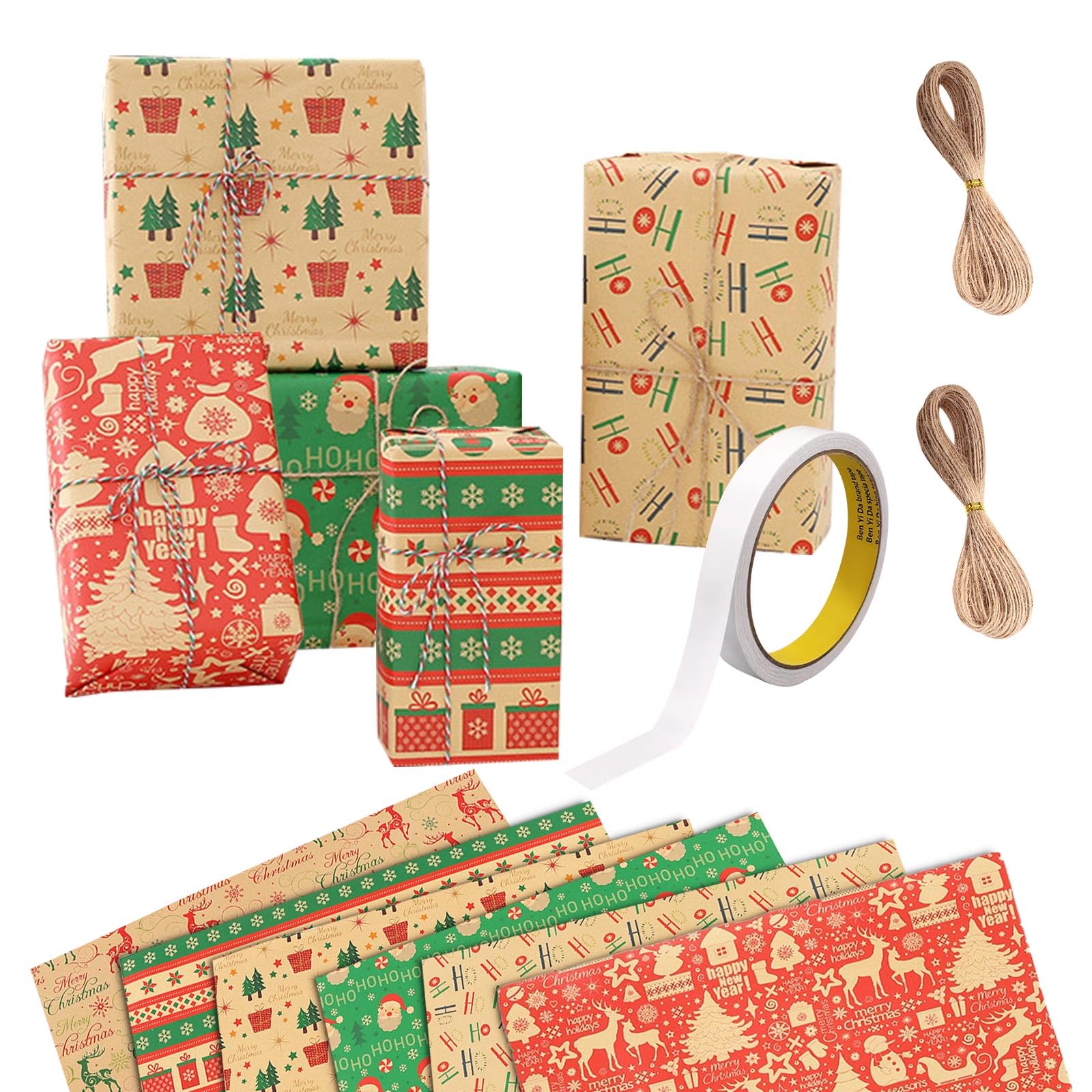 MUWINC Recyclable Brown Kraft Christmas Wrapping Paper - 6 Sheets Gift Wrapping Paper with Adhesive Tape & Twine, 50x70cm, for Holiday Decorations