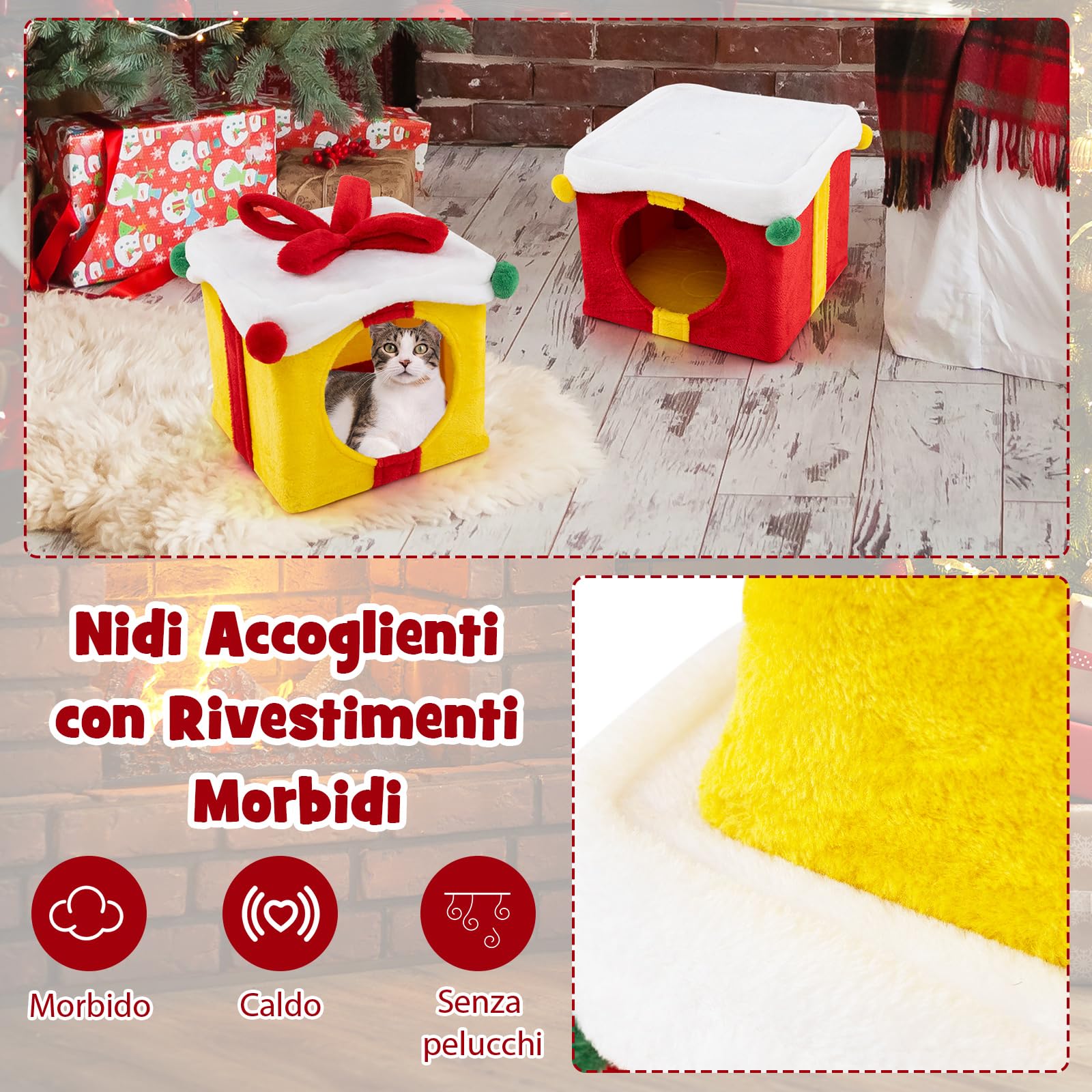 COSTWAY Set 2 Cuccia Cane Interno a 2 Piani, Tiragraffi per Gatto a Forma di Scatola di Natale in Tessuto e MDF, Lettino Gatto Interno per Inverno, Rosso e Giallo