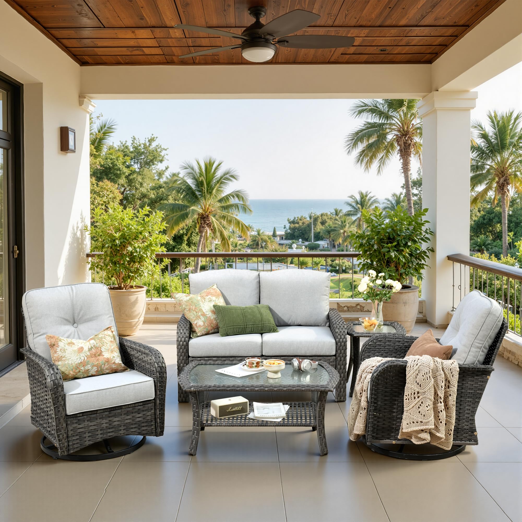 CAODOC 5 Pieces Patio Furniture Set,Outdoor Furniture with Rockers, Rattan Conversation Sets w/Coffee Table, Grey Wicker Light Grey Cushion