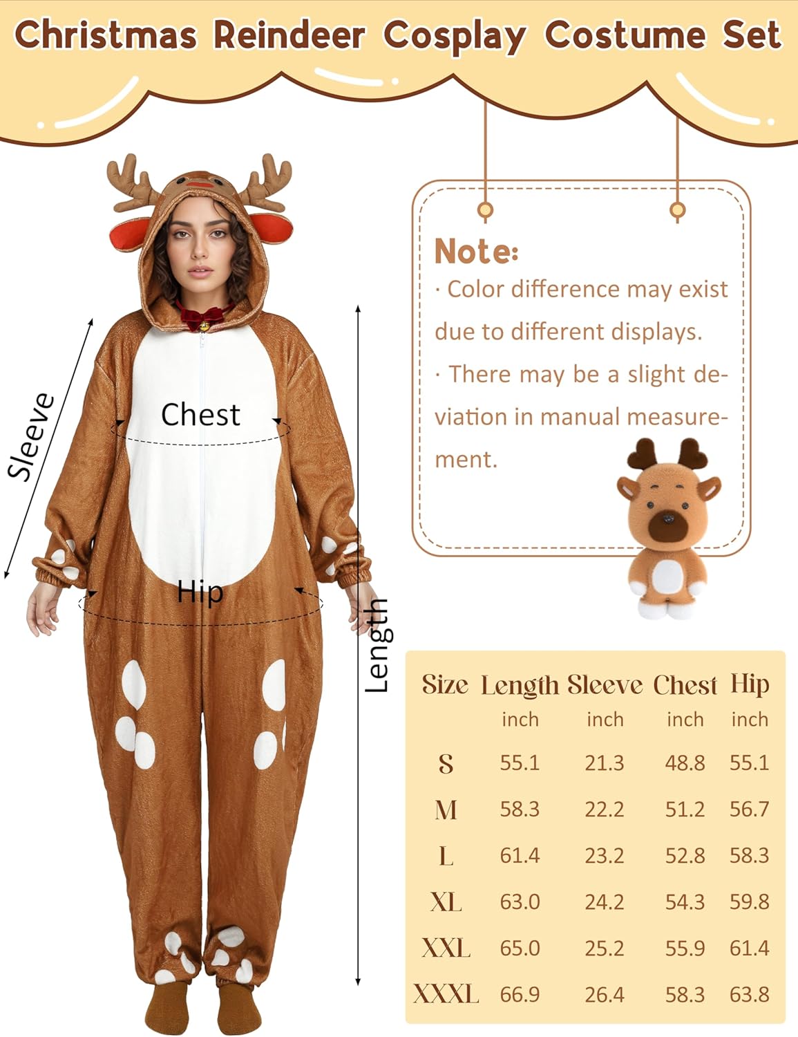 SOMSOC Christmas Reindeer Adult Costume Unisex Deer Animal Onesie Pajamas Jumpsuit - Image 2