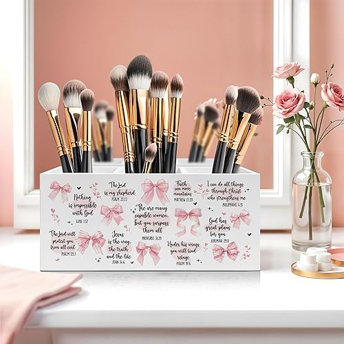 Miniatura 5 de Coquette Pink Bow Christian Pen Pencil Holder, Christian Gifts for Women, Retro Pink Bow Bible Verse Pencil Pen Holder Organizer for Girls Bedroom