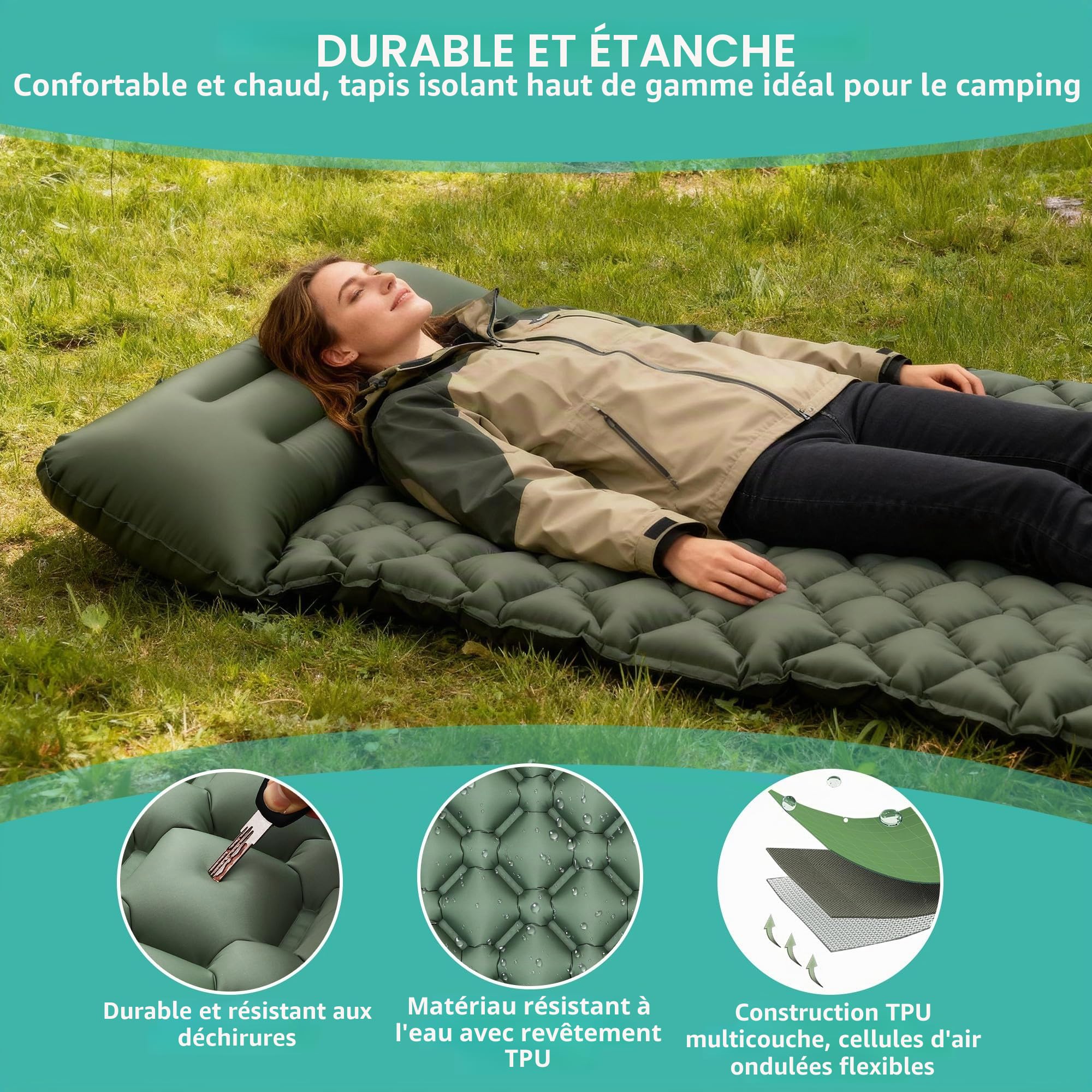 JIYANA Matelas Camping Portable Ultraléger, Matelas Autogonflant 1 Personne Camping, Tapis de Sol Camping, Matelas Gonflable 1 Personne Polyvalent pour Voyage, Plage, Randonnée et Séjour en Plein Air