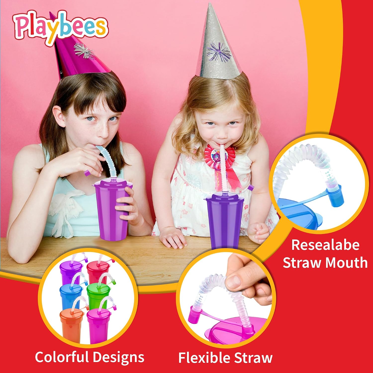 Playbees 12 Pack Neon Sipper Cups - 6 Oz. - Colorful, Spill-Proof Cups with Lids and Straws - Ideal for School Events, Themed Parties, and Birthday Celebrations - Party Supplies