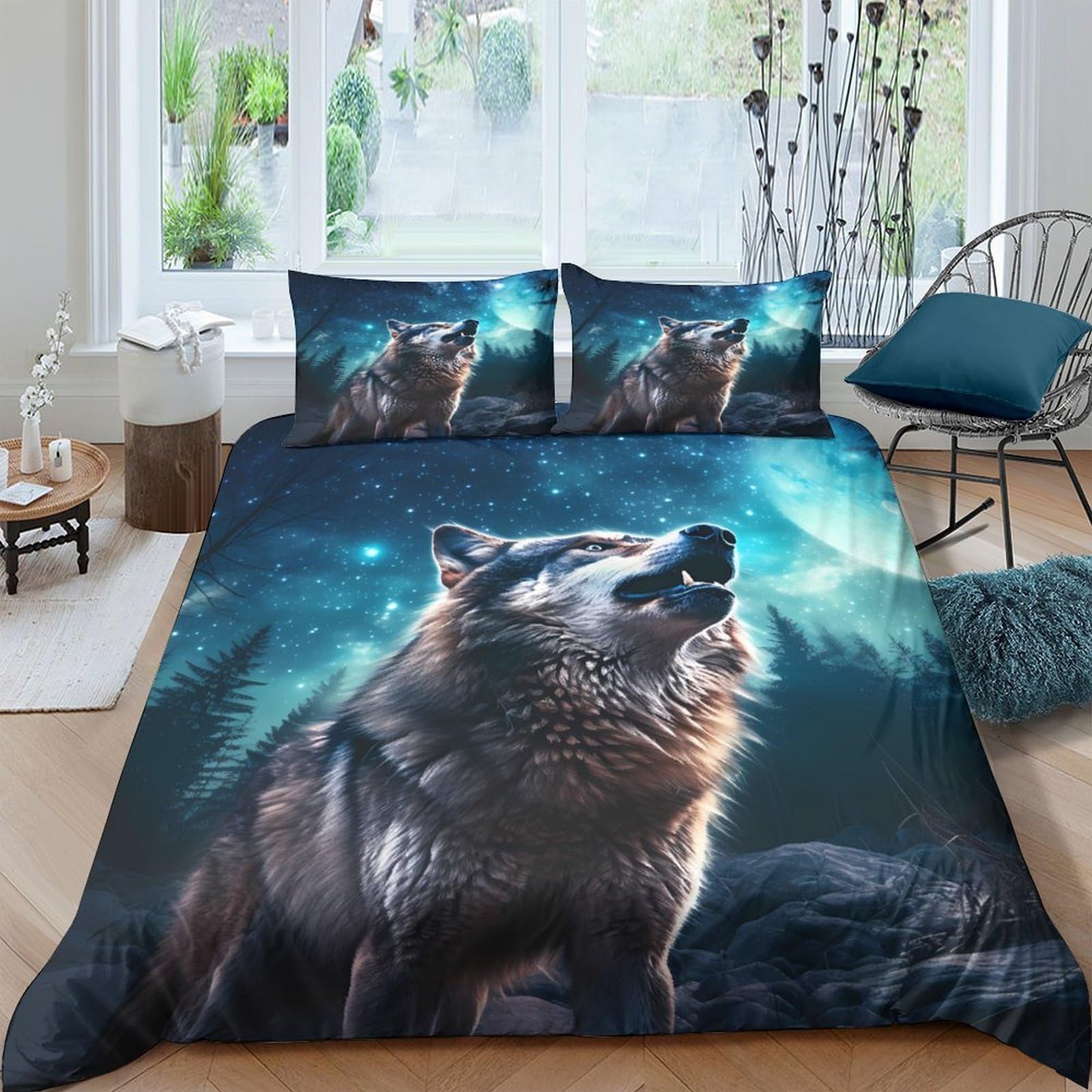 Ctjqhvkz Style-9 3D Printed Howling Wolf Fitted Sheet Microfiber Soft Breathable Night Forest Mattress Cover Bedroom Decor Single（135X200cm）