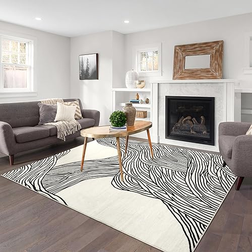 Miniatura 2 de Alfombra de 4 x 6 pies para sala de estar, diseño de líneas desiguales negras, lavable, con estampado moderno de alta calidad, alfombra neutra