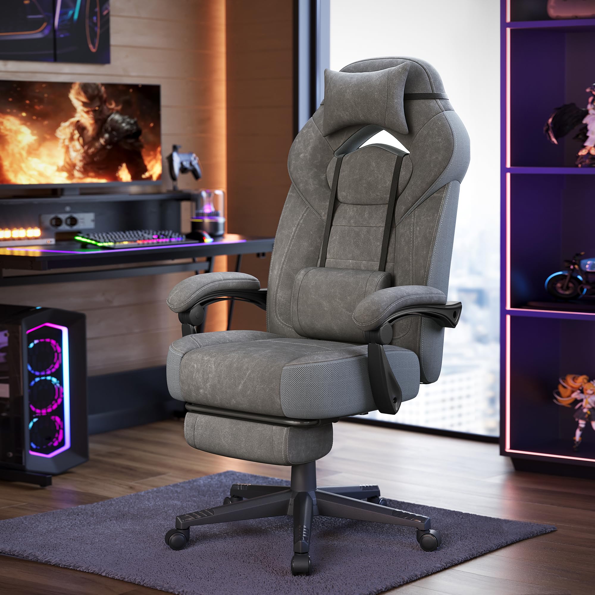 SONGMICS Silla Gaming, Silla de Oficina, Ordenador, Diseño Ergonómico, con Reposapiés, Reposacabezas Ajustable, Cojín Lumbar, Capacidad de Carga 150 kg, Gris Pizarra OBG077G01