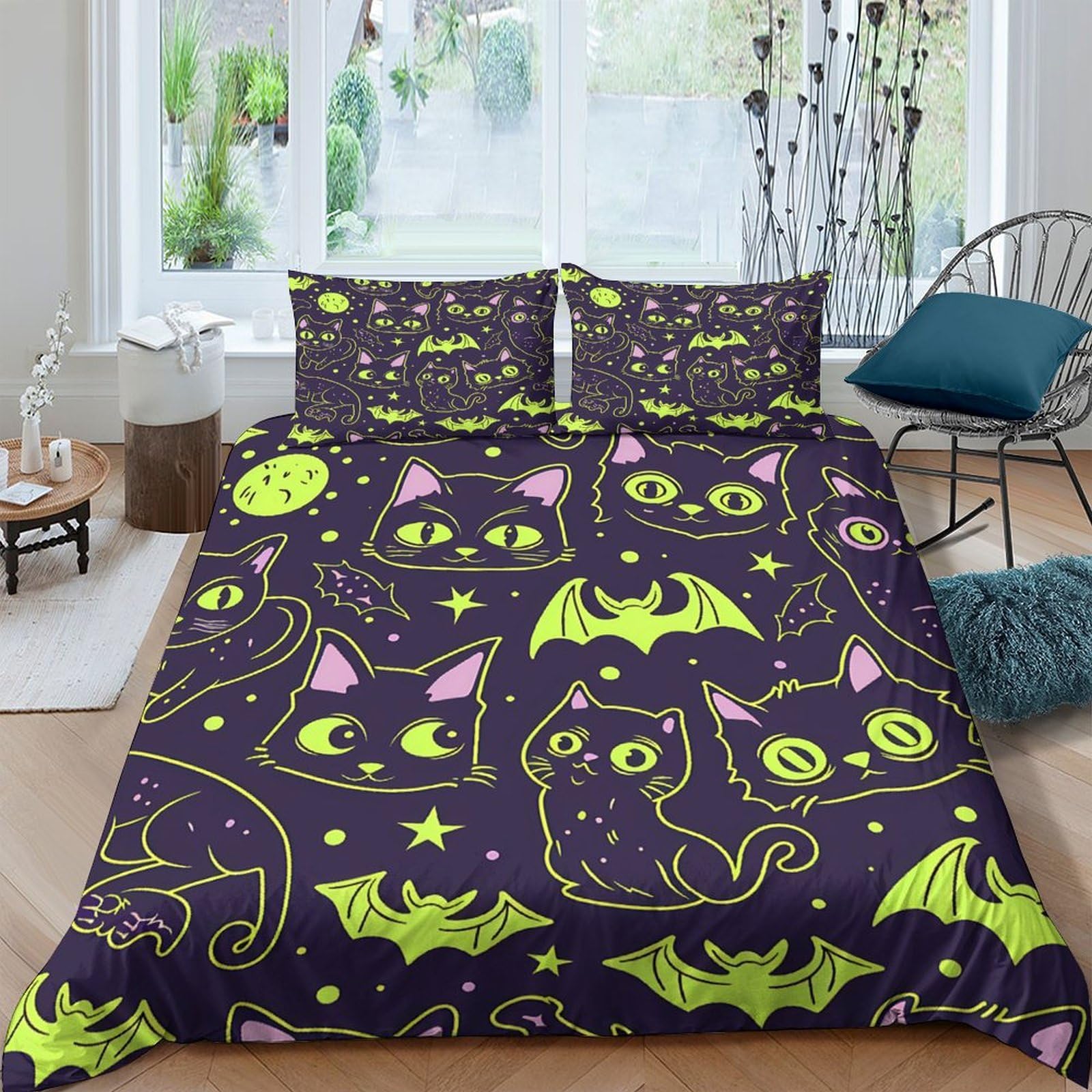 Halloween Katzen 3-teiliges Reines Polyester Cartoon schreckliches Design Bettbezug, Versteckter Reißverschluss, Krippenbettwäsche, Babysicher & Pflegeleicht King（220x240cm）