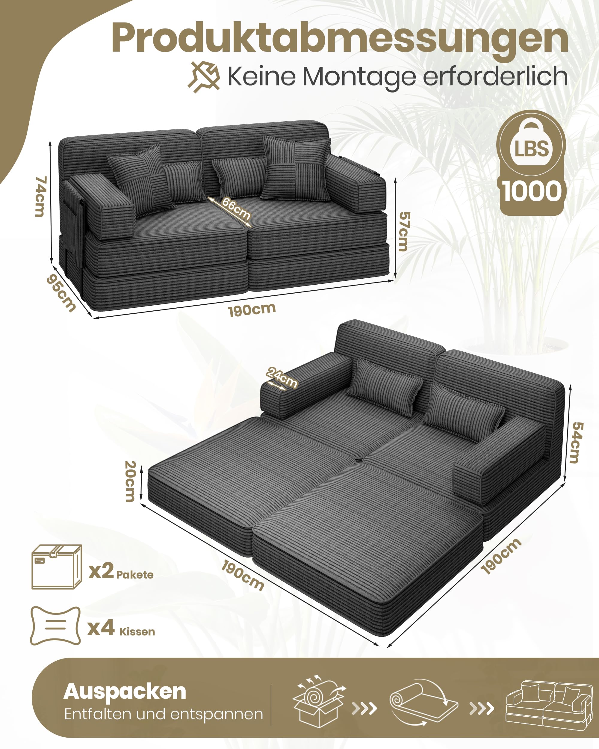 Schlafsofa 190 cm Breit, Modulares Bodensofa, Boneless Couch mit Hoher Rückenlehne, 2-Sitzer Vollschaum Sofa aus Cord, 5-in-1 Klappsofa mit Schlaffunktion zum Gästebett, Grau