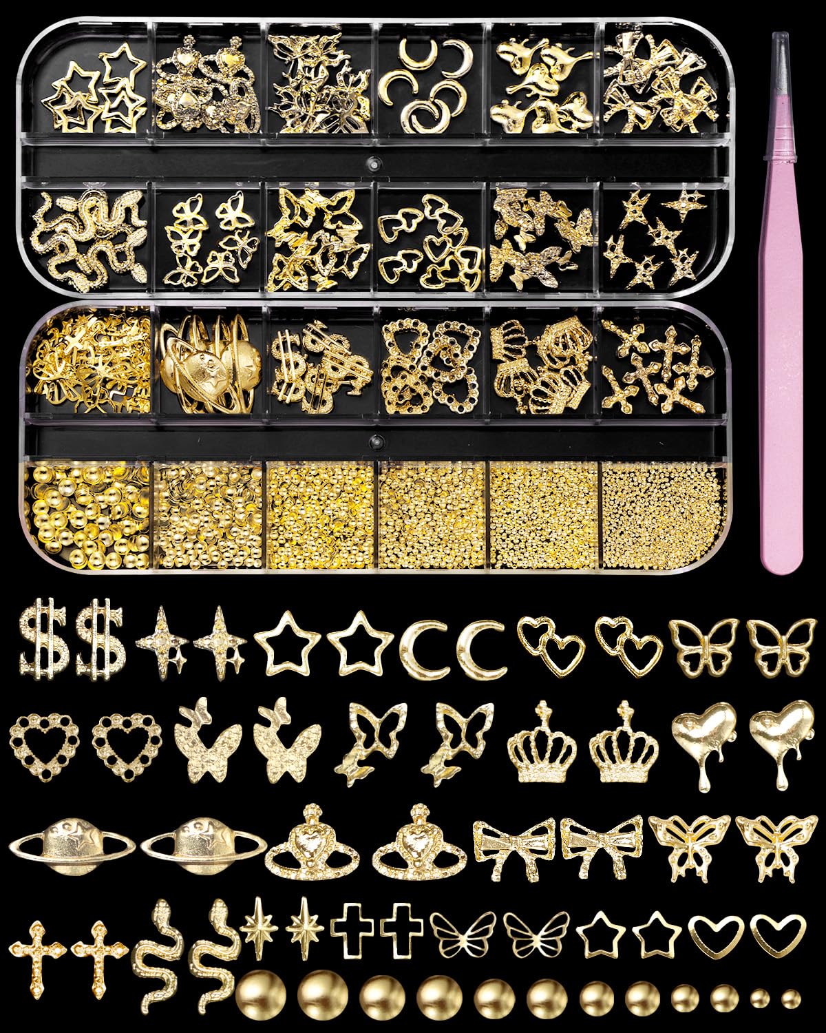 3D Gold Charms, Bow Heart Butterfly Gems, Round Beads Art Studs, Star Planet Snake Gems for Alloy Nail Design DIY Supplies Accessories