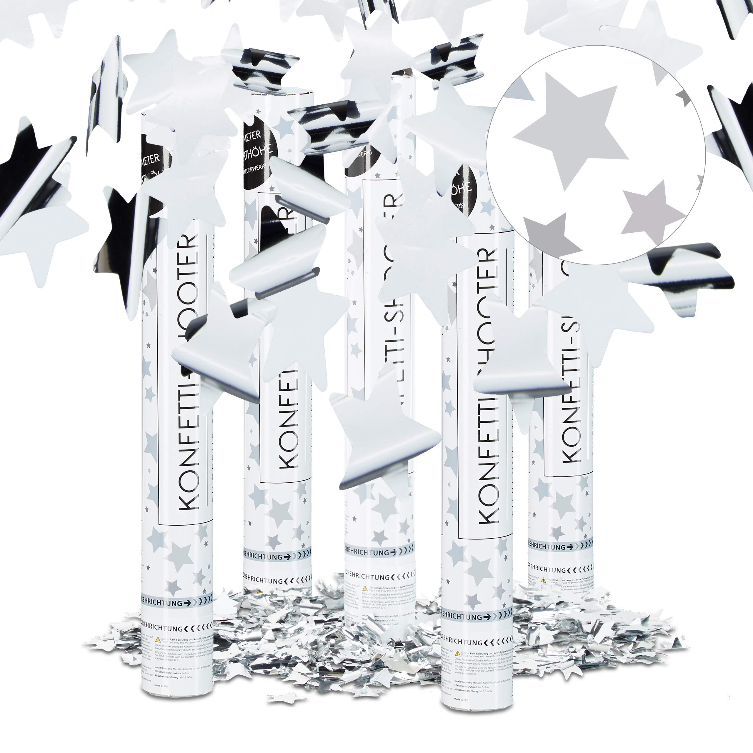 Relaxdays Pack de 5 Cañones Confeti para Lluvia de Estrellas en Bodas y Cumpleaños, Plateado, 6-8 m Altura, 40 cm