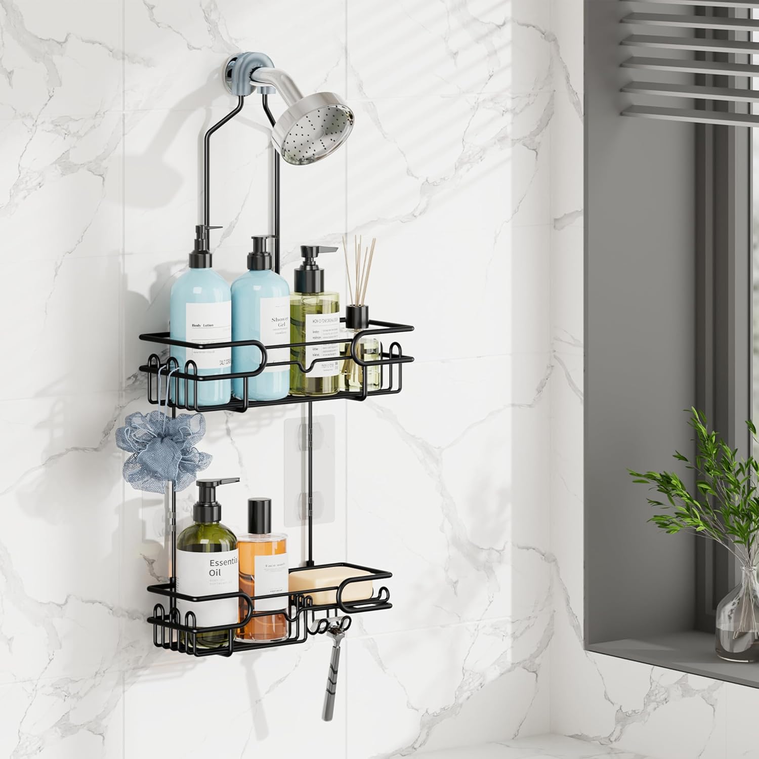 HapiRm Hanging Shower Caddy Organizer - Bathroom Organizer with 12 Hooks and Soap Holder, Rustproof Shower Shelf over Shower Head - Black