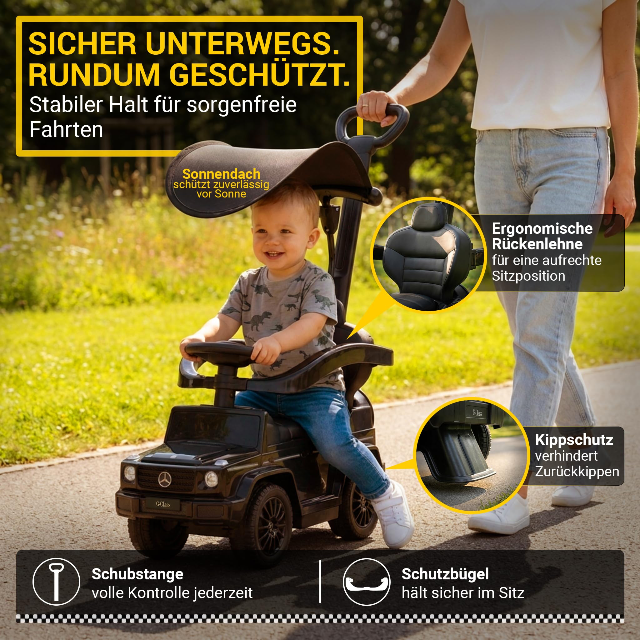 Actionbikes Motors Lauflernwagen Mercedes G350d | Rutschauto mit Schiebestange Schutzbügel Sonnendach - Kinderauto - Rutschfahrzeug - Laufrad - Gehwagen - Kinderfahrzeuge ab 1 Jahr (Schwarz 3in1)