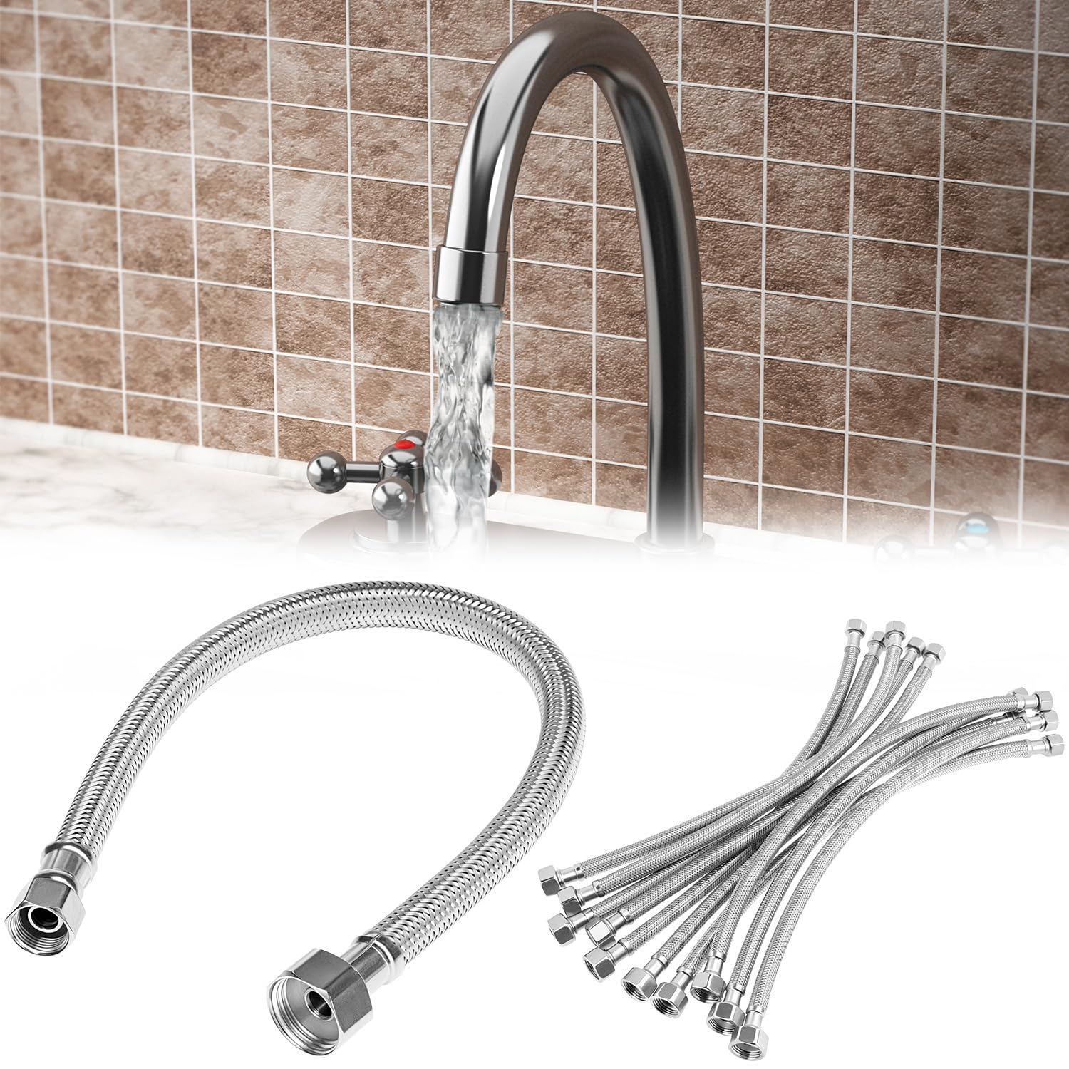 QWORK Tuyau de robinet de 40,6 cm, 10 lignes d'alimentation tressées en acier inoxydable, lignes d'alimentation de robinet, 40,6 x 0,95 cm Comp x 1,27 cm