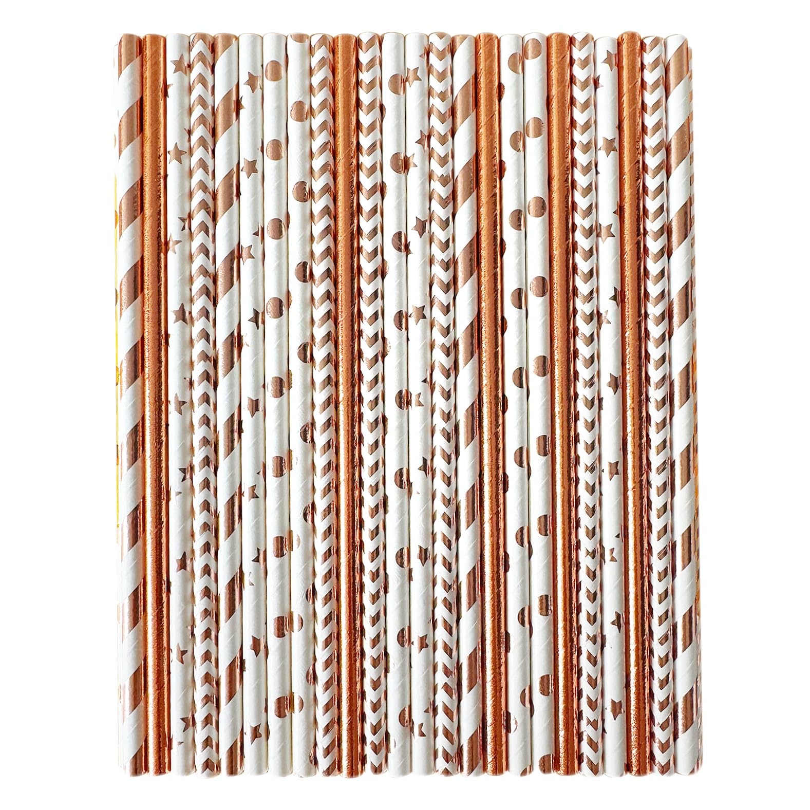 YAOSHENG [100 Pack] Rose Gold Paper Straws Disposable, 100% Biodegradable Multi-Pattern Party Straws For Birthday, Wedding and Holiday Decoration (