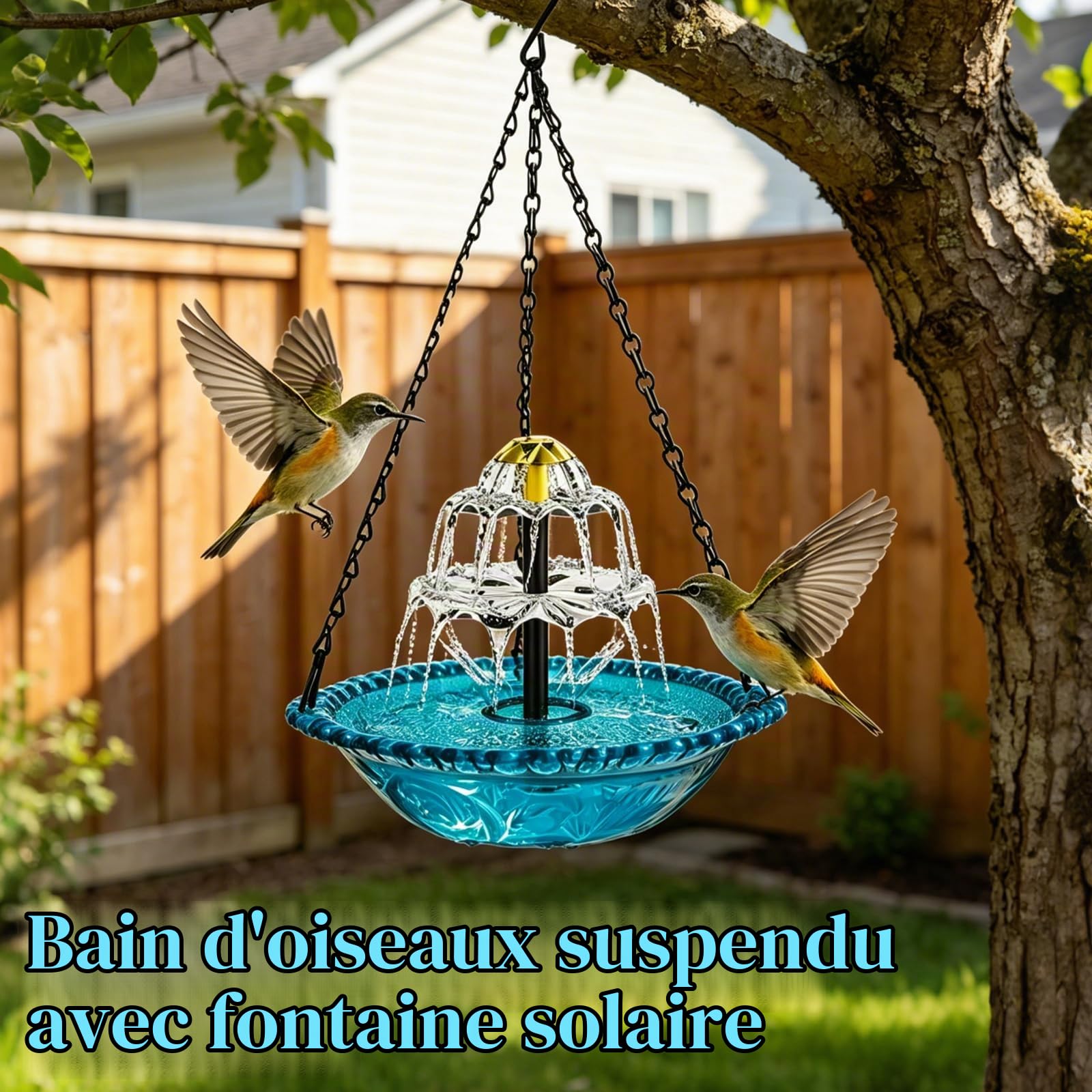 Bain d'oiseaux suspendu avec fontaine solaire, bain d'oiseaux, fontaine à suspendre, pour jardin, balcon, terrasse, avec chaînes en métal, décoratif, facile à monter, pour l'entretien des oiseaux en