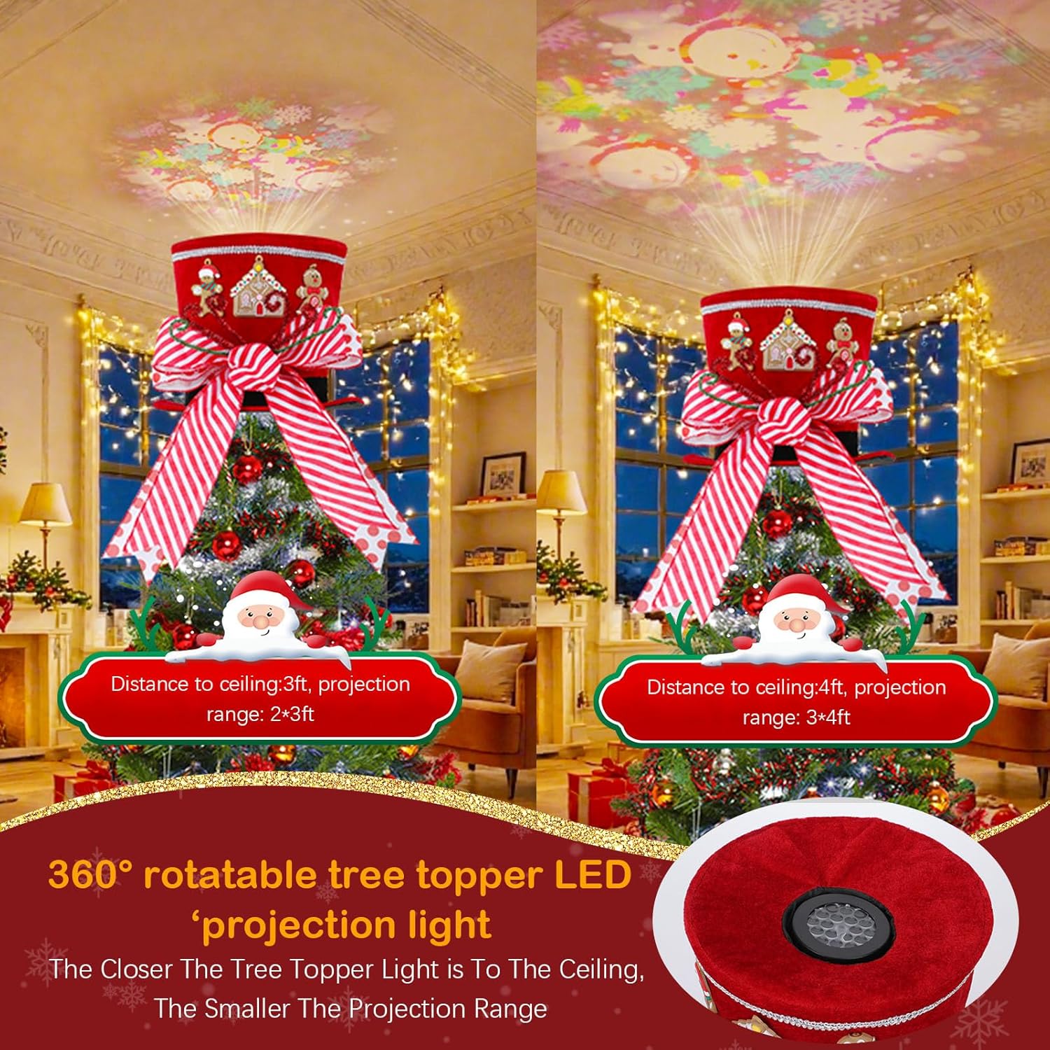 Christmas Tree Topper Hat with Colorful Projector, Gingerbread Man Xmas Tree Toppers Large Red Hat with Lengthened Ribbon, Red Velvet Tree Topper for Xmas Holiday Party Home Decorations