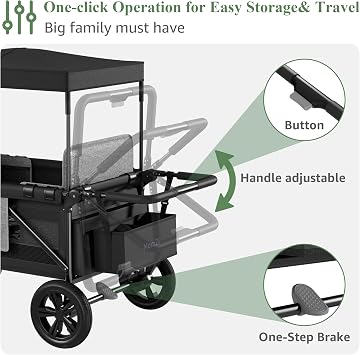 4 Seater Wagon Stroller with Removable Canopy Foldable Wagon Stroller for 4 Seats with Storage Pockets for Baby and Toddler, Black