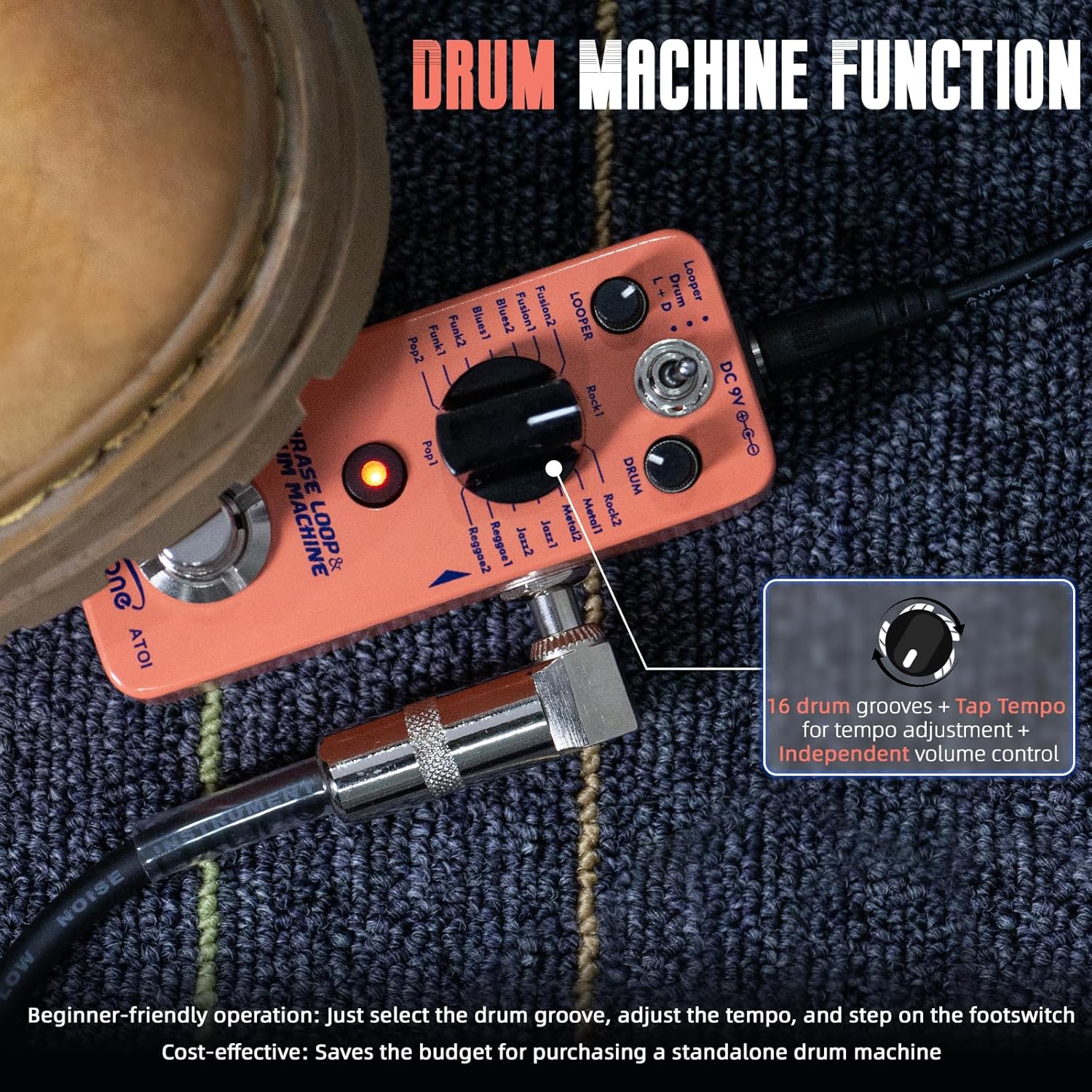 AITONE Looper Drum Machine Guitar Pedal 20 Minute Loop 16 Drum Grooves Tap Tempo True Bypass Mini Metal Effects Pedal for Electric Guitar Practice (AT-01)