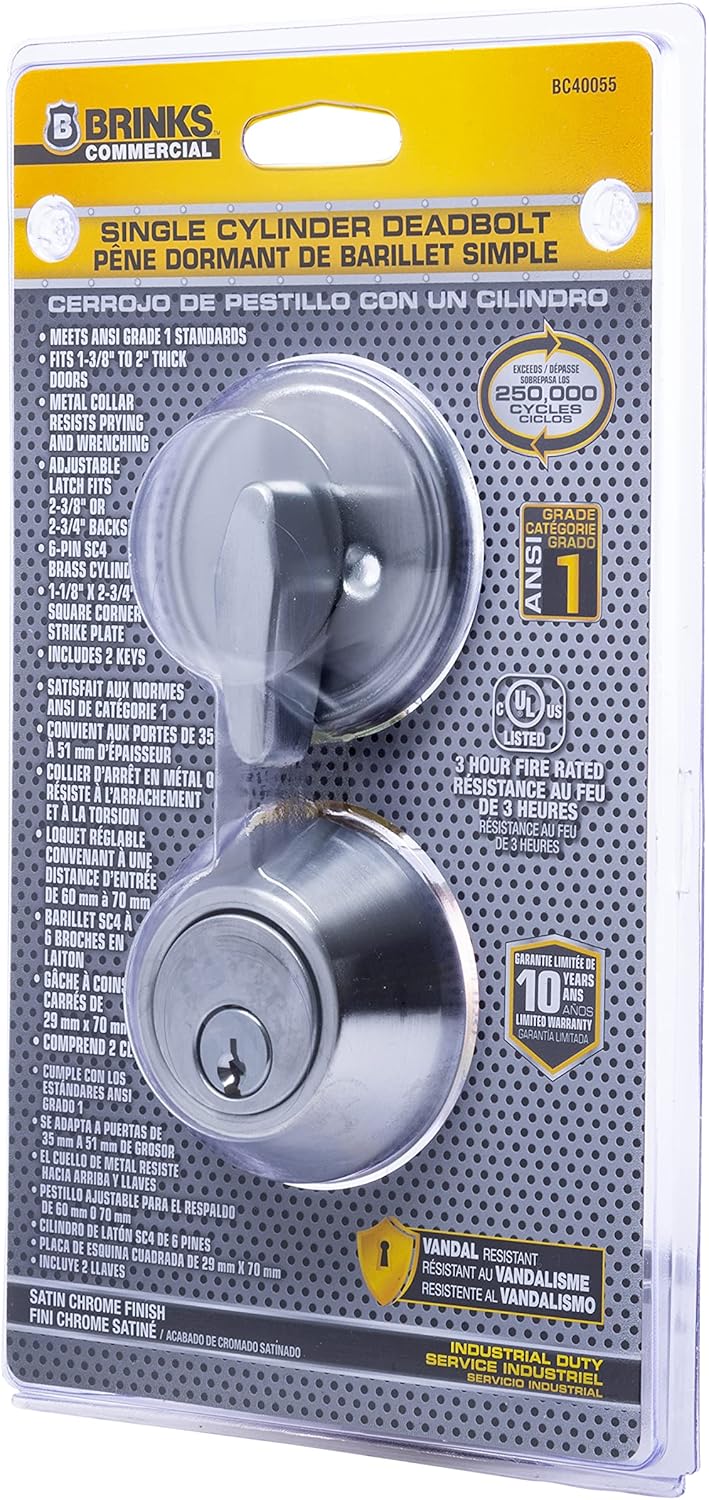 BRINKS Commercial - Single Cylinder Deadbolt Lock, Satin Chrome Finish - Meets ANSI Grade 1 Standards and has 3-Hour UL Fire Rating