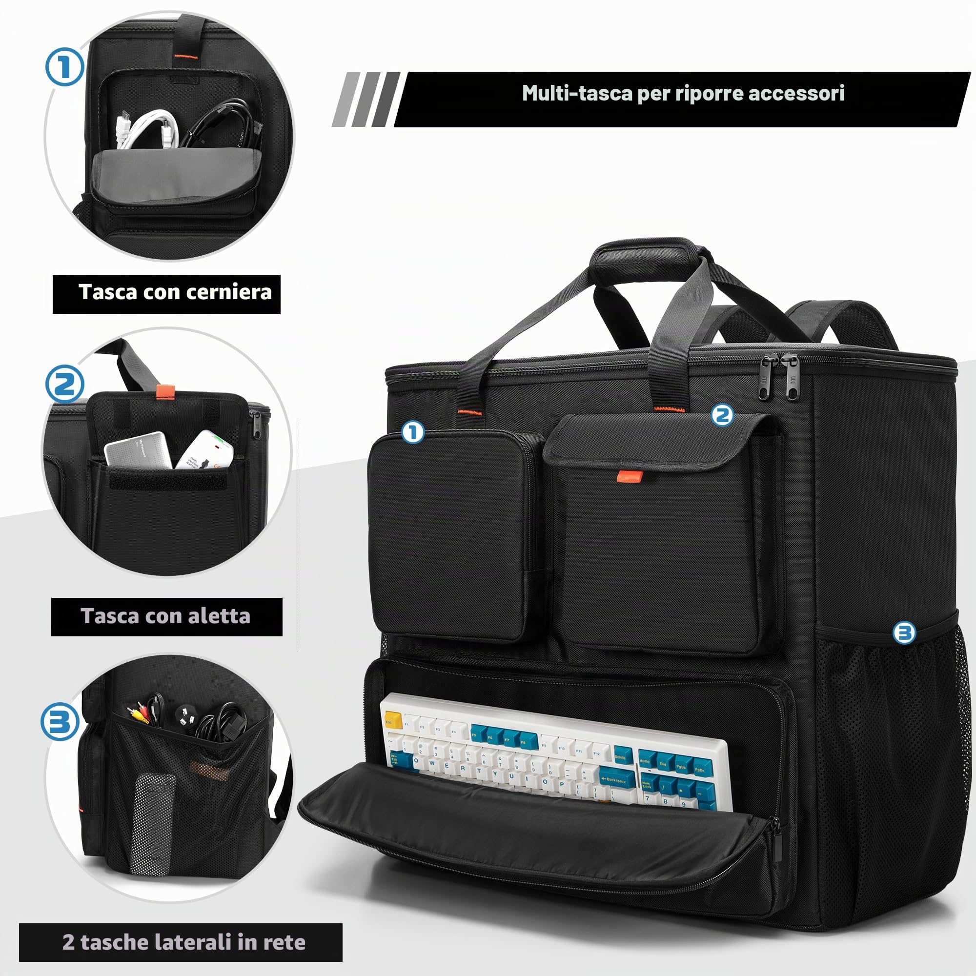 Trunab Borsa da Trasporto per PC Torre con Tasche Multiple, Zaino per PC Desktop, Custodia da Viaggio per Tastiera, Cavo, Mouse e Cuffie (Design Brevettato)