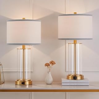 Kyrid 23.25'' Brass Glass Table Lamps Set of 2 for Bedroom(Bulbs Included) | Clear Solid hand-Blown Cylindrical,Built-in Dual Charging Ports and AC Outlet,Modern Bedside Lamps for Living Room
