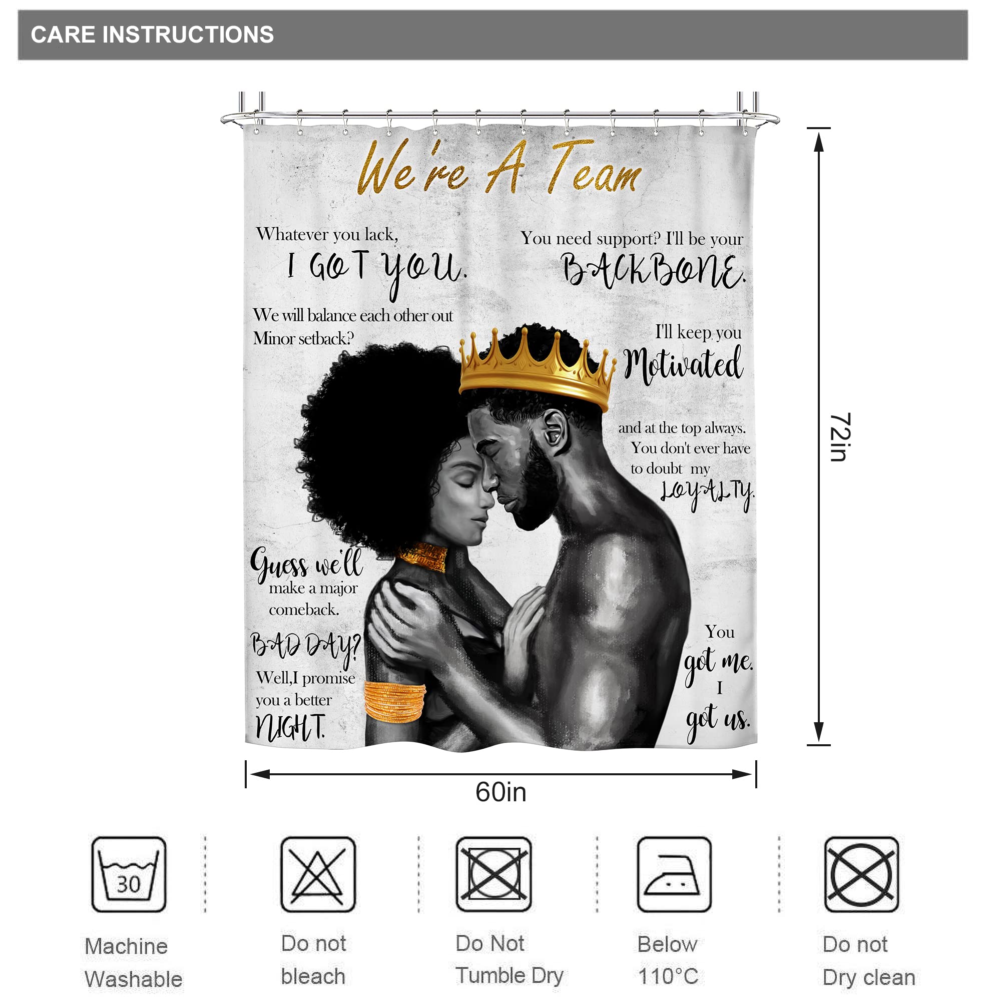 Riyidecor African American Shower Curtain Black King and Queen Afro Romantic Couple Man Woman 60Wx72H Inch Vintage Positive Inspirational Quote Fabric Decor Bathroom Polyester Waterproof Hooks - Image 3