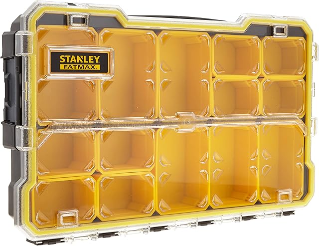 STANLEY FATMAX Pro 2/3 Shallow Stackable Storage Organiser for Small Parts, 6 Removable Compartments, FMST1-75779