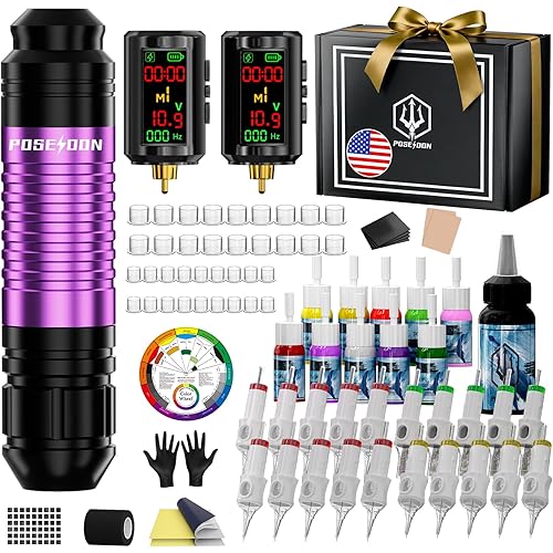 POSEIDON Cordless Tattoo Pen Kit with 2×1600mAh Batteries & Complete Starter Set | Professional Wireless Tattoo Machine for Beginners | Includes 20 Needles, Inks, Practice Skin