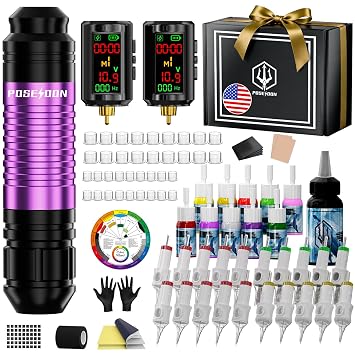 POSEIDON Cordless Tattoo Pen Kit with 21600mAh Batteries & Complete Starter Set | Professional Wireless Tattoo Machine for Beginners | Includes 20 Needles, Inks, Practice Skin