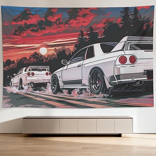 Miniatura 20 de QEOPGNE Tapiz japonés R32 para automóvil deportivo, arte de pared de automóvil retrowave de anime, decoración de pared de auto de carreras Jdm