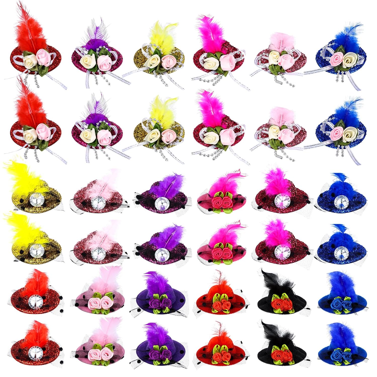 48 Pieces/72 Pieces Mini Hat Hair Clip Mini Top Hat Fascinator Decorative for Girls Women Feather Lace Clip Tea Party Hair Accessories (48)