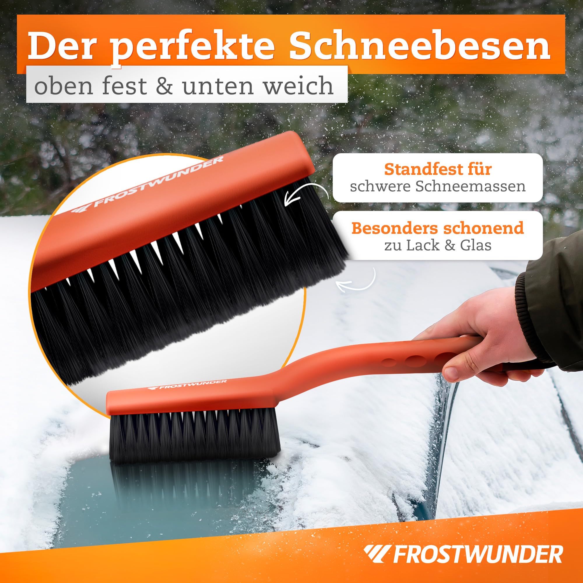 FROSTWUNDER Skrobaczka samochodowa z miotłą [Made in Europe] – 41 cm profesjonalna szczotka do śniegu z delikatnym włosiem – łatwa do przechowywania skrobaczka do szyb samochodowych – trwała