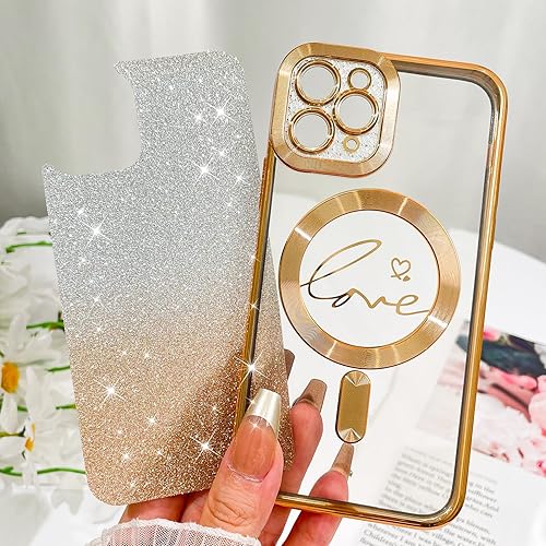 Vista 628 de Fiyart - Funda transparente magnética con purpurina para iPhone 12 para mujeres, con grabado "Love" metálico, protección para cámara y antigolpes