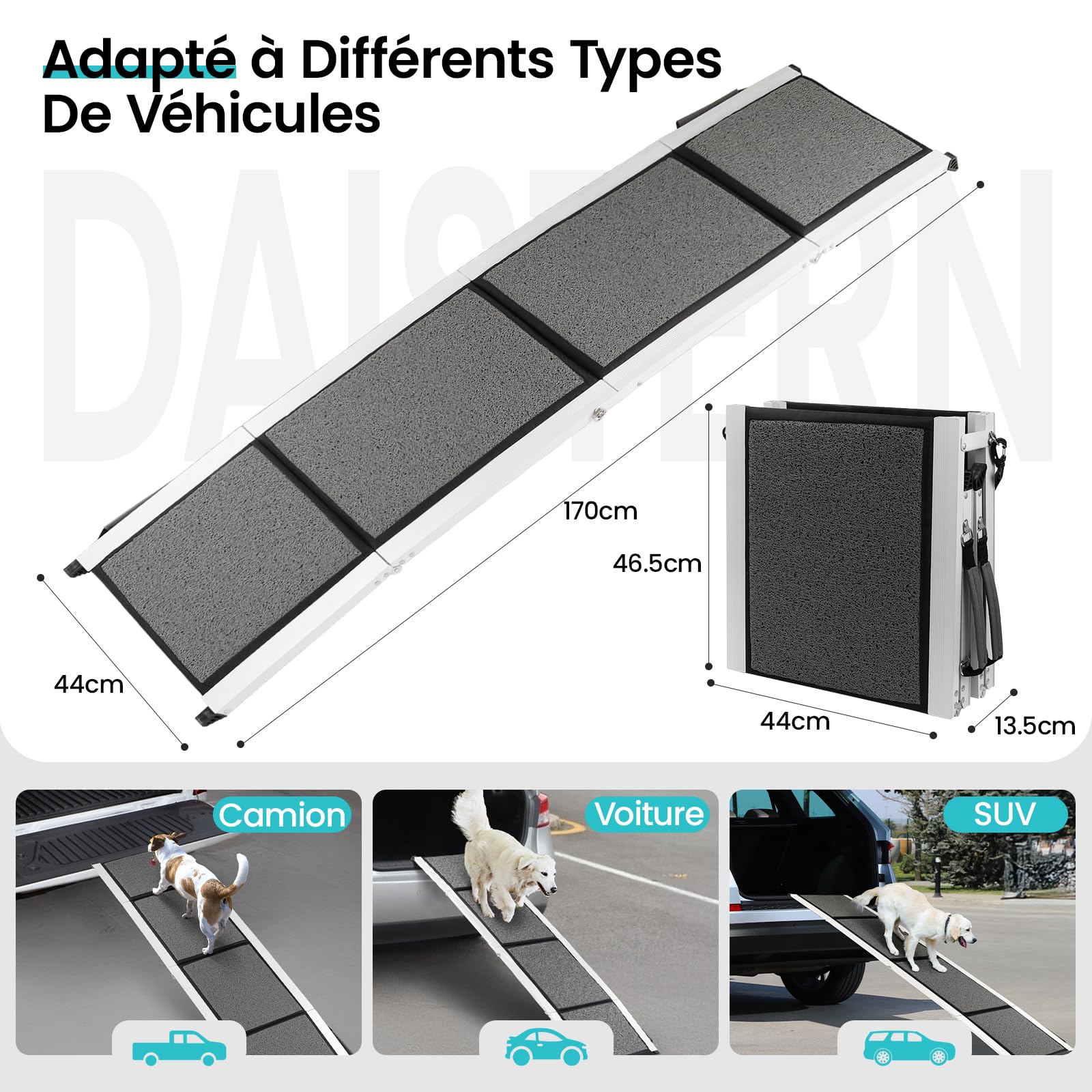 DAISTERN Rampe pour Chien Voiture Pliable 170cm x 44cm, Rampe d'Accès Escalier Extérieur avec Tapis Antidérapant, Aluminium Capacité 129KG