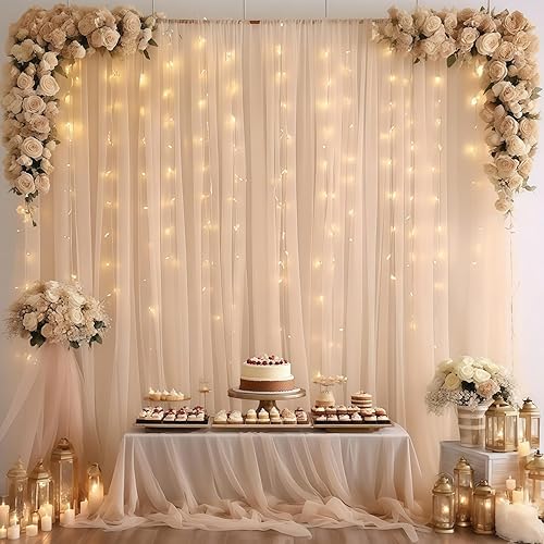 Miniatura 4 de Cortina de telón de fondo de tul champán de 10 x 10 pies con cadena de luces para fiestas, cortinas de telón de fondo transparentes para decoración