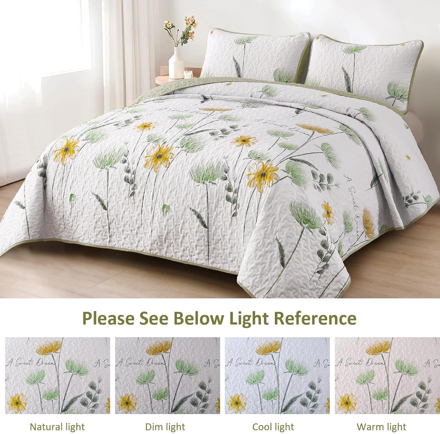 Dinjoy Floral Quilt Set Queen,Green Yellow Bedspread Queen Size 3 Pieces Sage Green Bedding Set Summer Fall Quilts Soft Flower Bedspreads White Coverlet Sets for All Season - Image 4