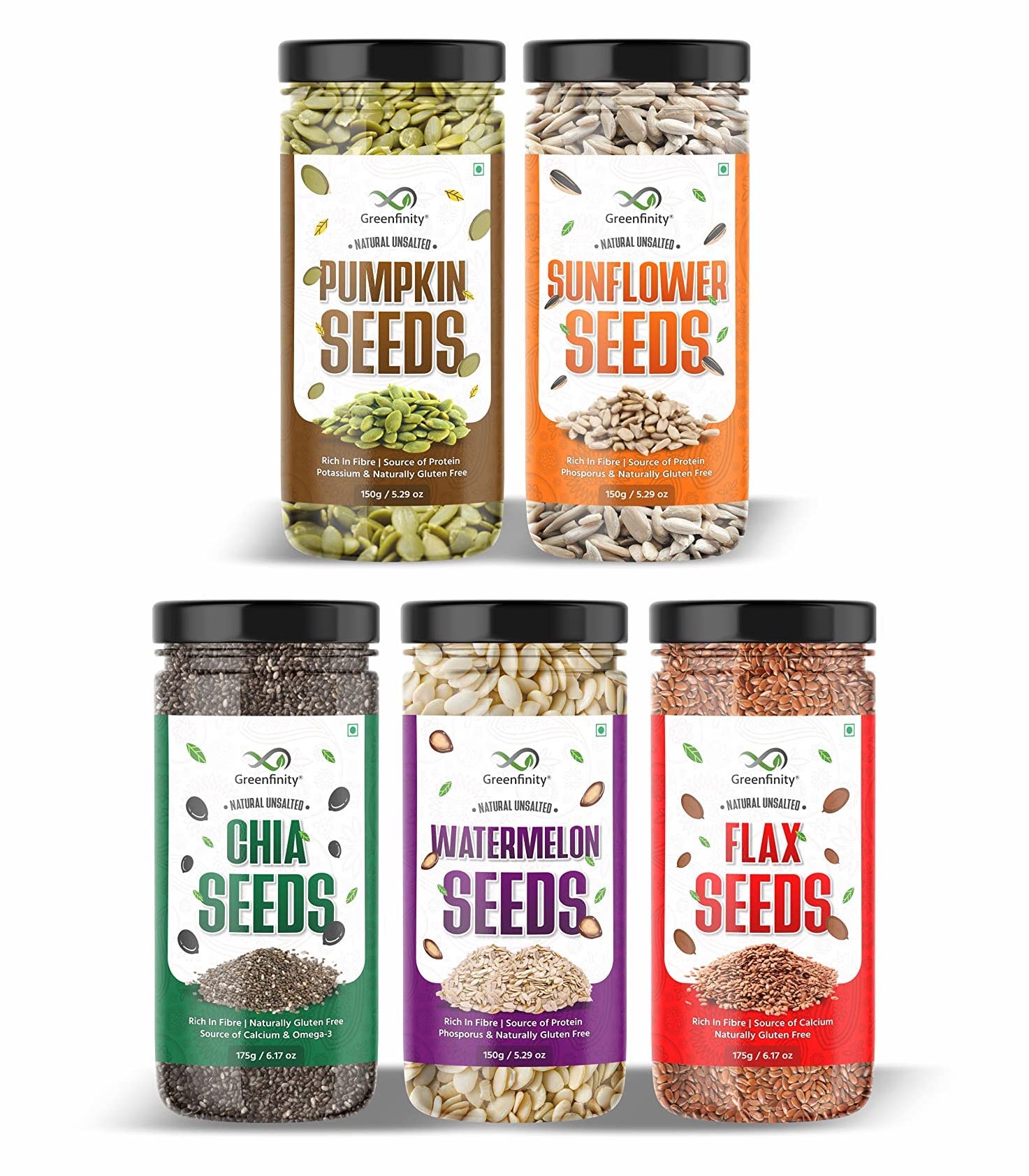 GreenFinity Healthy Seeds Combo- Pumpkin, Sunflower, Watermelon (150g Each), Chia and Flax Seeds (175g Each) | Rich in Omega 3, Fiber | Ideal for Weight Management, Immunity Booster (Pack of 5)