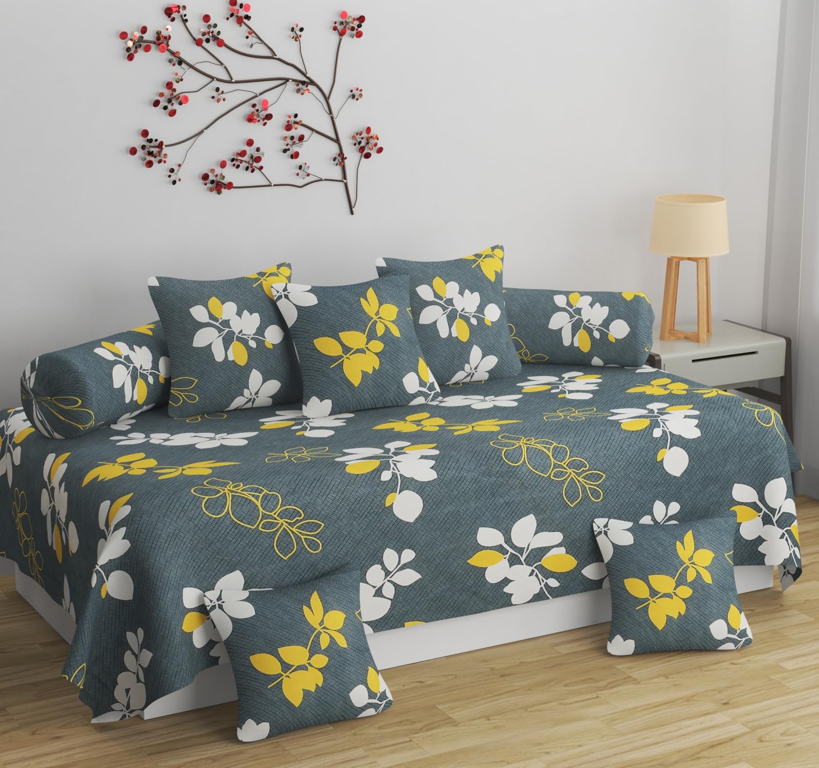 BROMWICK Diwan Set | Diwan Bedsheet Set of 8 Pieces | Diwan Set with 1 Single Bedsheet, 2 Bolster Cover, 5 Cushion Covers | 100% Microfiber Diwan Set for Living Room Dining Hall (yellowgrey)-image-39