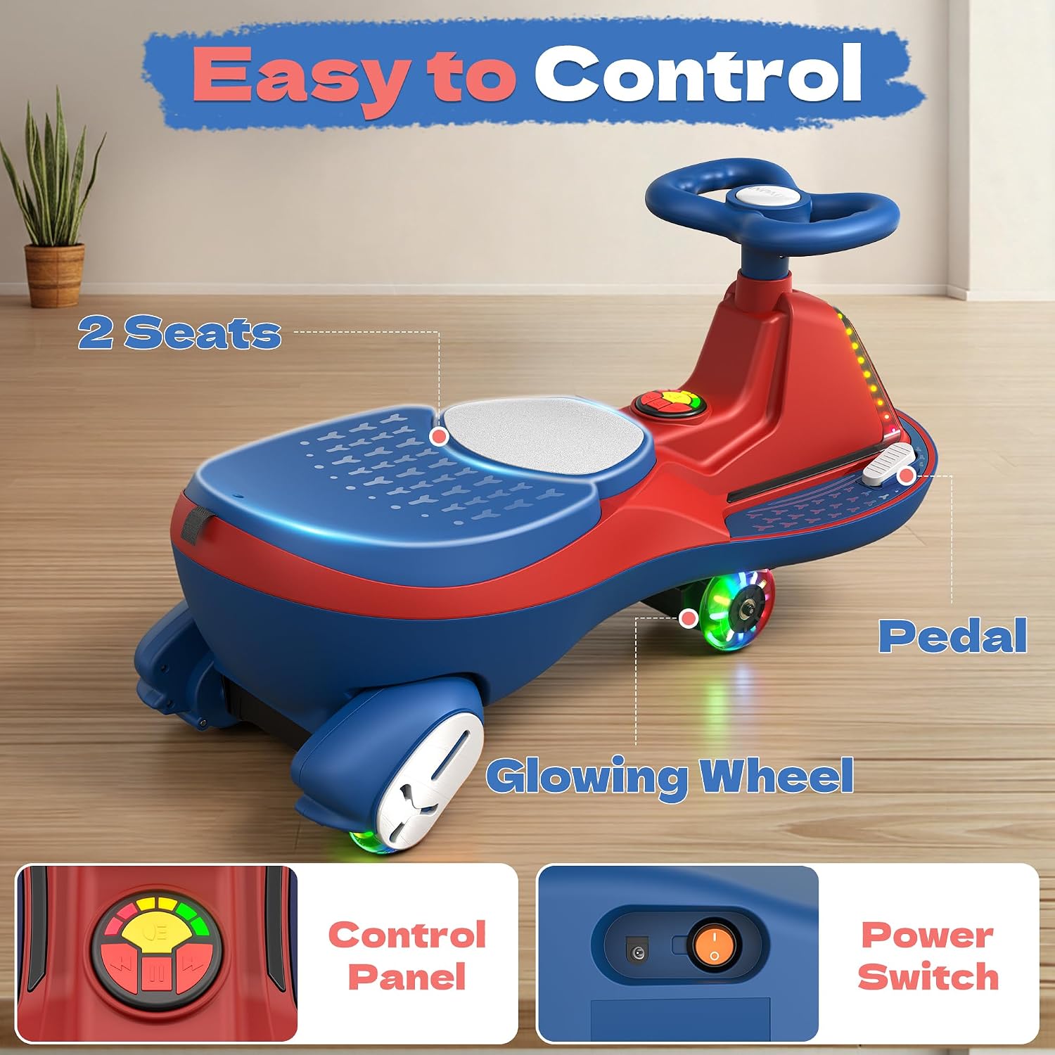 ANPABO 6V 7AH Electric Wiggle Car Blue-75W Motor, 2 Speed, Rechargeable Battery, Bluetooth & Music, LED Lights, Soft Start, Light-up Wheels, Anti-Rollover, for Ages 3+, 150 Lbs