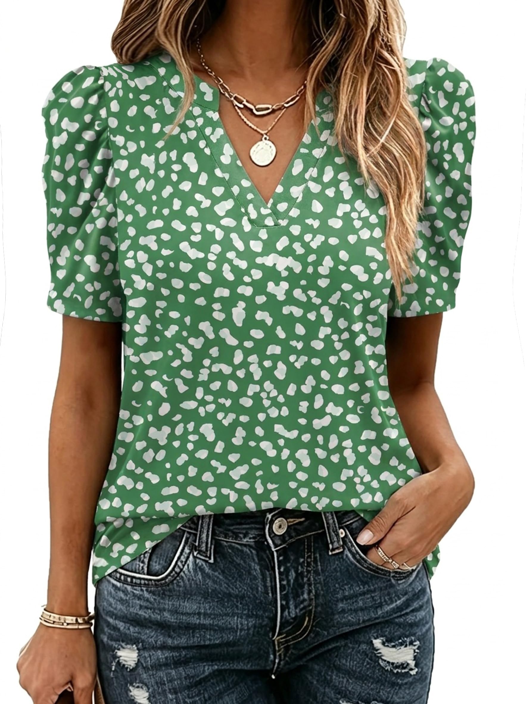 Zeagoo Women Blouses Puff Short Sleeve Tops V Neck Dressy Casual Spring Shirts Boho Floral Cute Clothes 2026