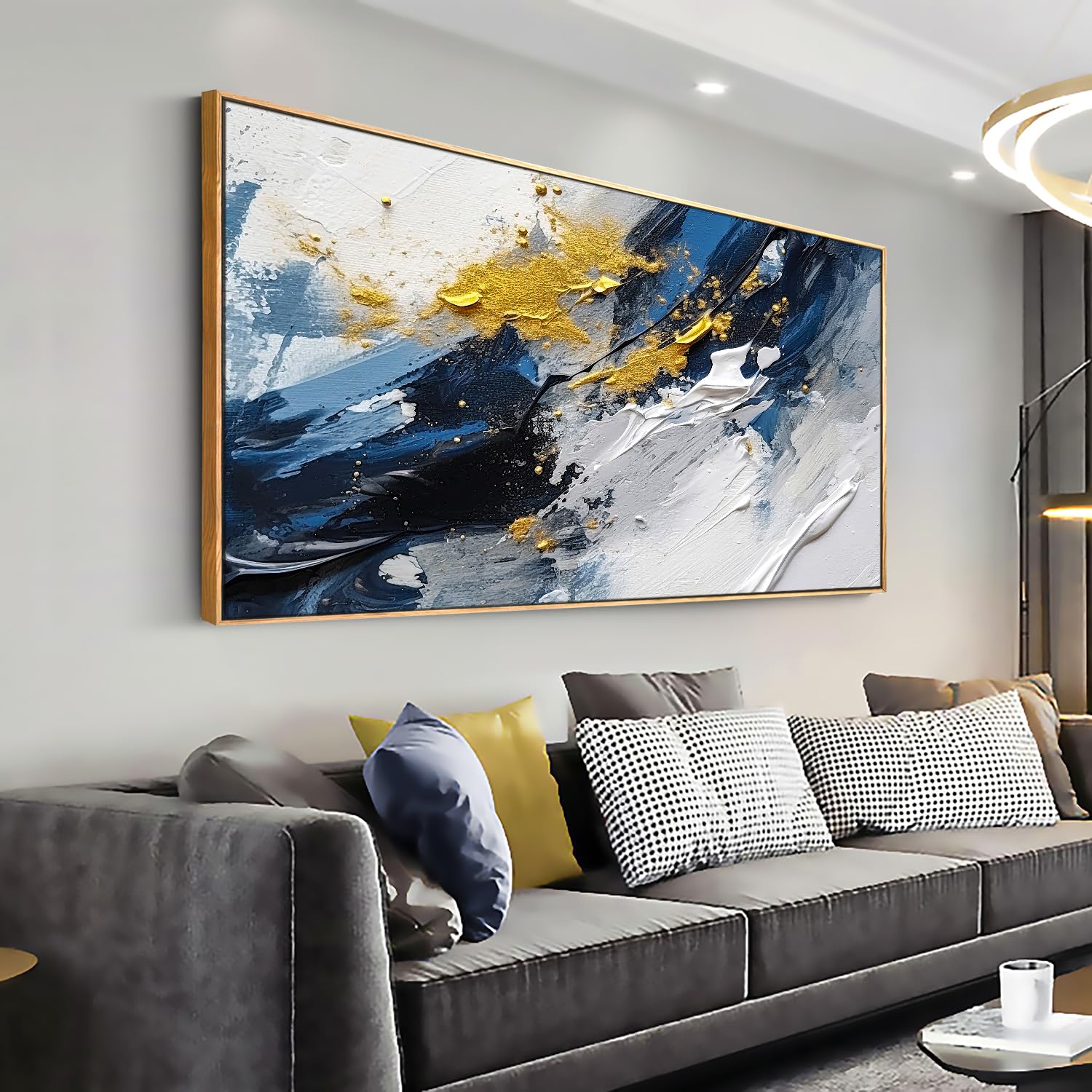 Amazon.com: Blue and Yellow Abstract Canvas Wall Art - 20"x40" Neutral ...