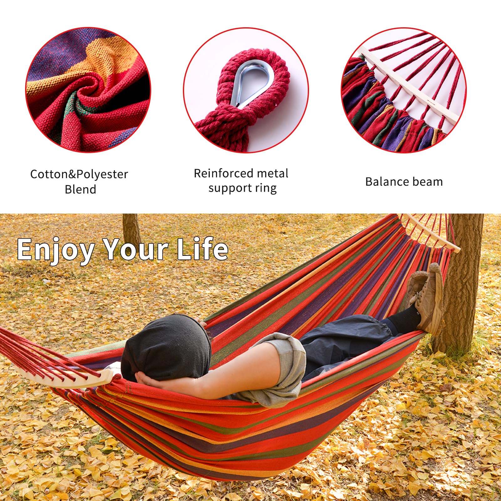 Hamaca, hamaca de lona de algodón, hamaca portátil para acampar con bolsa de transporte, dos cuerdas de mosquetón de metal antivuelco y correas de árbol, ideal para interiores, patio, camping,