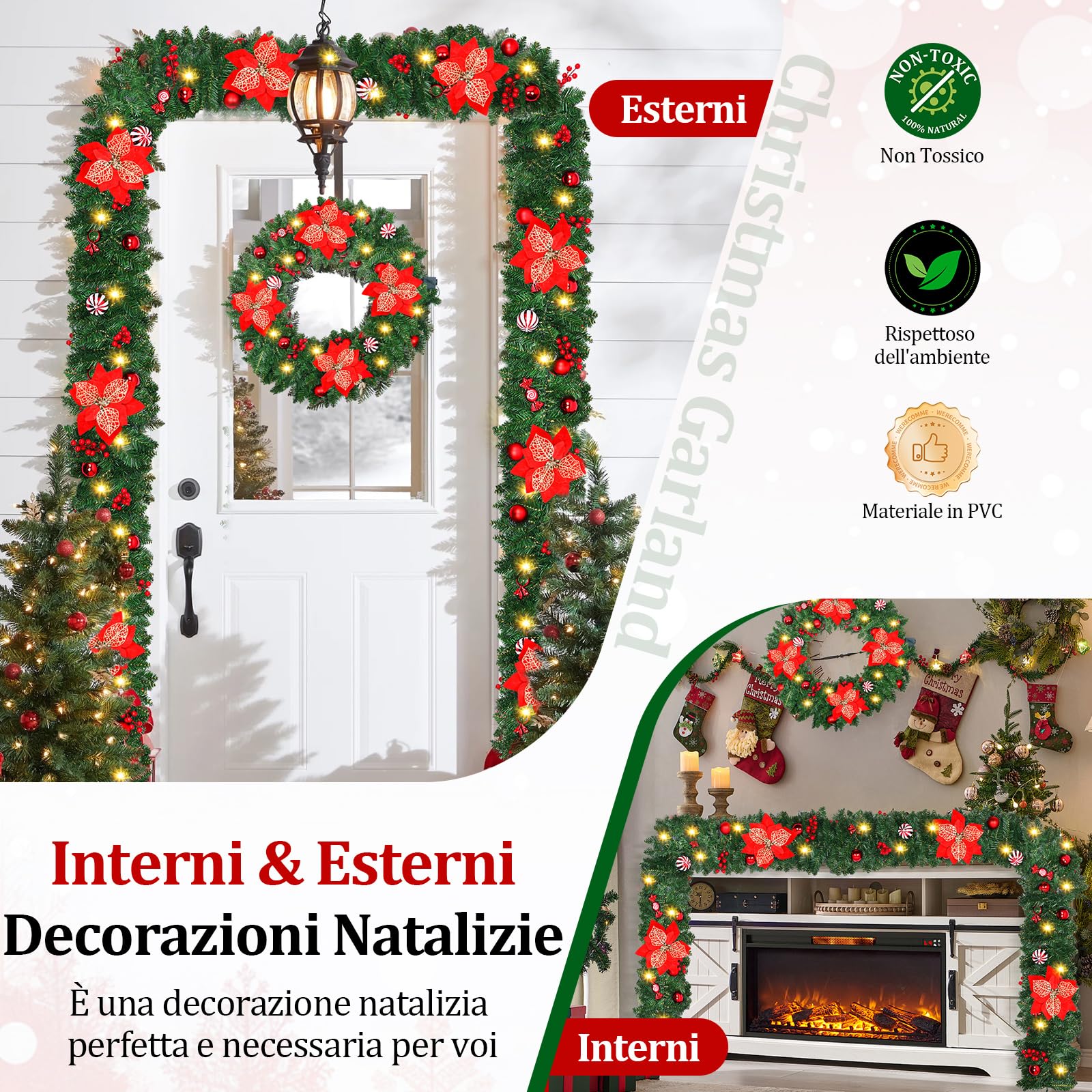 Ghirlanda Natalizia, 2.7M Ghirlande Natalizie Decorazioni Natalizie per la Casa,Ghirlanda Natalizia con Luci Alimentate Batterie,Festone Natalizio per Porta,Camini,Scale,Addobbi Natale Interni/Esterni