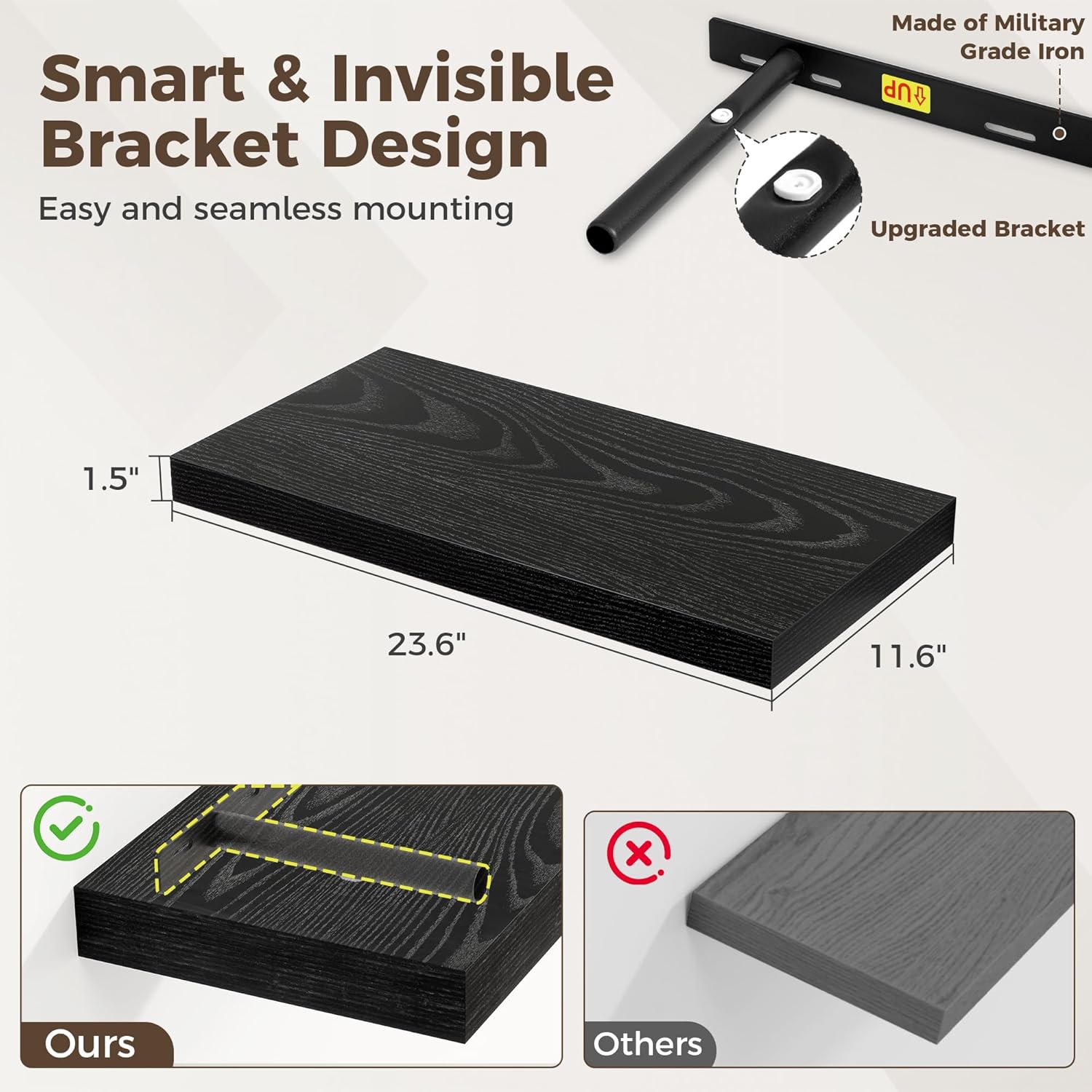 Fun Memories 24 x 12 Inch Deep Floating Shelves, 12 Inch Deep Rustic Wooden Book Shelf, Extra Deeper & Thicker Hanging Shelves for Living Room, Bathroom, Bedroom, Kitchen, Office, Set of 3 (Black)