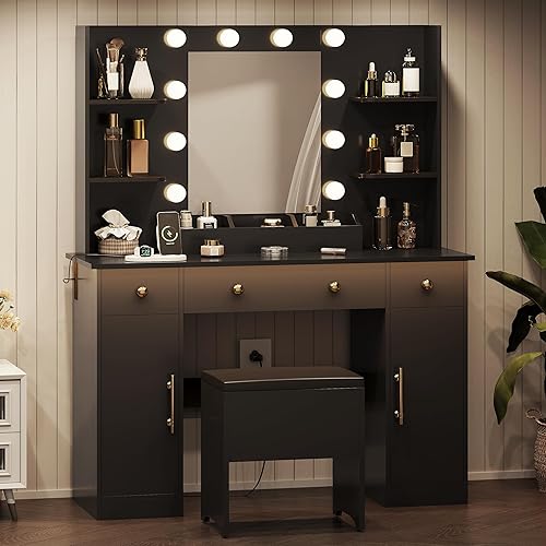 Miniatura 6 de Escritorio de tocador con espejo y luces, tocador de maquillaje negro con estación de carga y taburete, 3 cajones y armarios, espejo de tocador