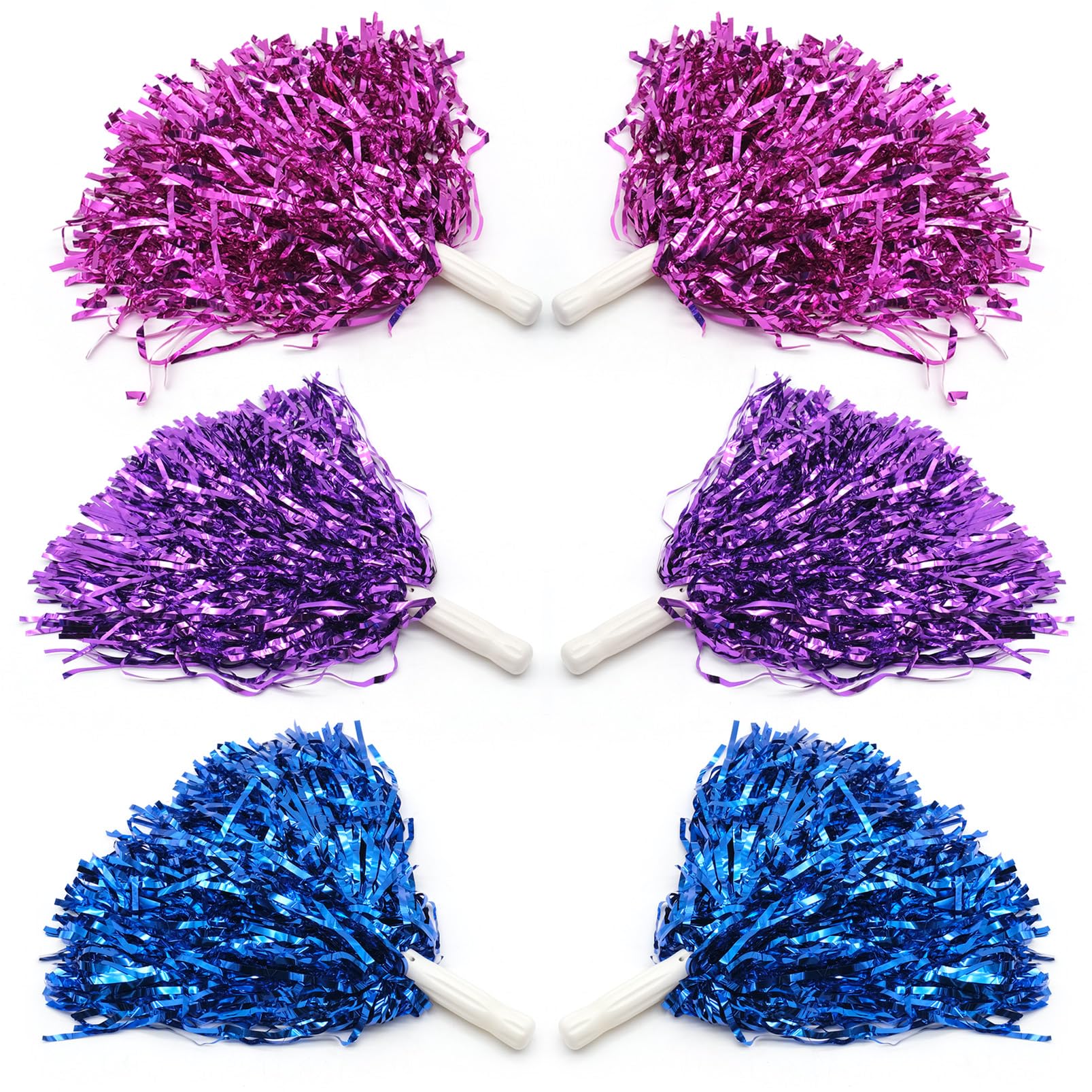 6 Pcs Cheerleader Pom Poms, Colorful Cheerleading Pompoms with Handles for Sports Matches, Dance Performances, and Celebrations - Foil Cheerleader Poms for Cheerleading Events (3 Colors)
