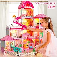 Vista 6 de Casa de Muñecas Doloowee para Niñas, Casa de Muñecas de 4 Pisos y 10 Habitaciones con 2 Princesas, Tobogán y Accesorios, Juego de Juguete para Casa