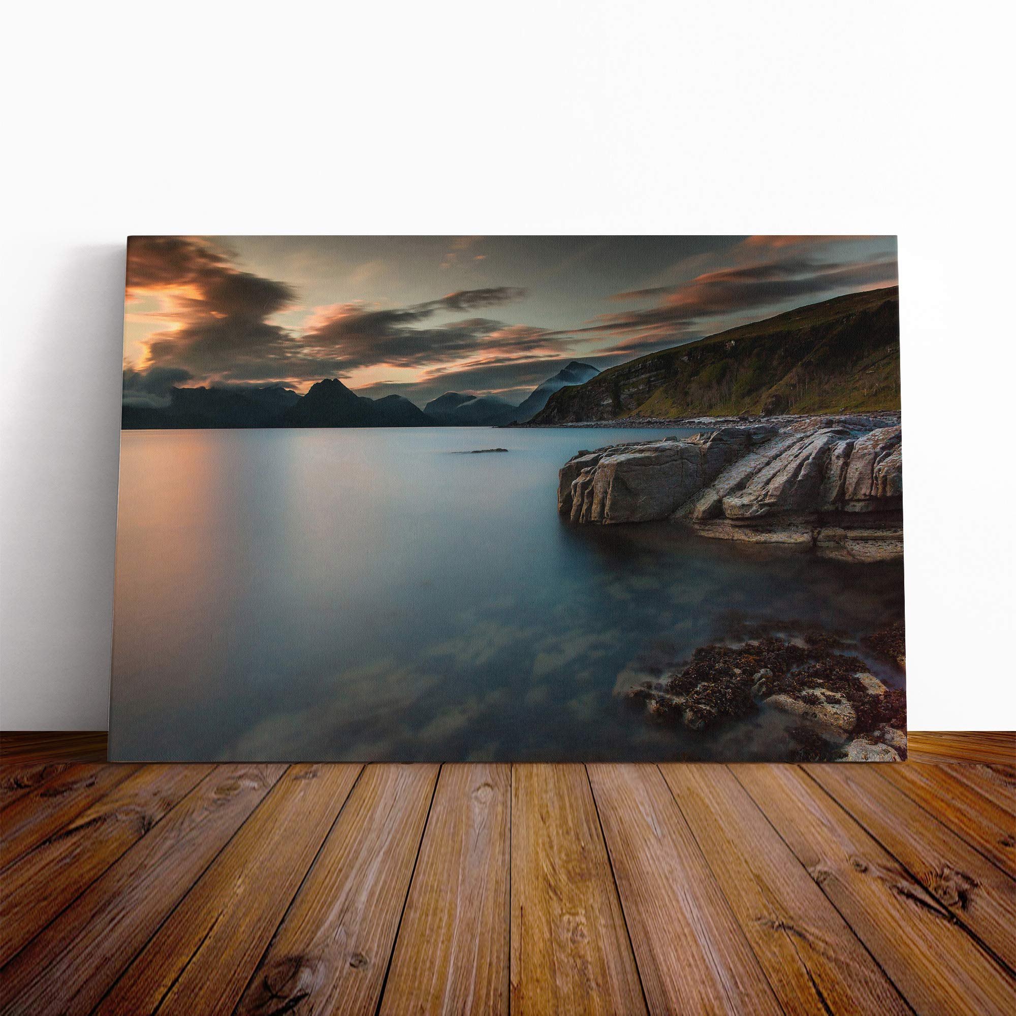Landscape Sunset Over Lake and Mountains (2) Canvas Print | Gallery Wrapped 30mm Frame Wall Art | 30x20 inches | Ready to Hang | Contemporary Landscape Picture | Living Room Bedroom Lounge Office